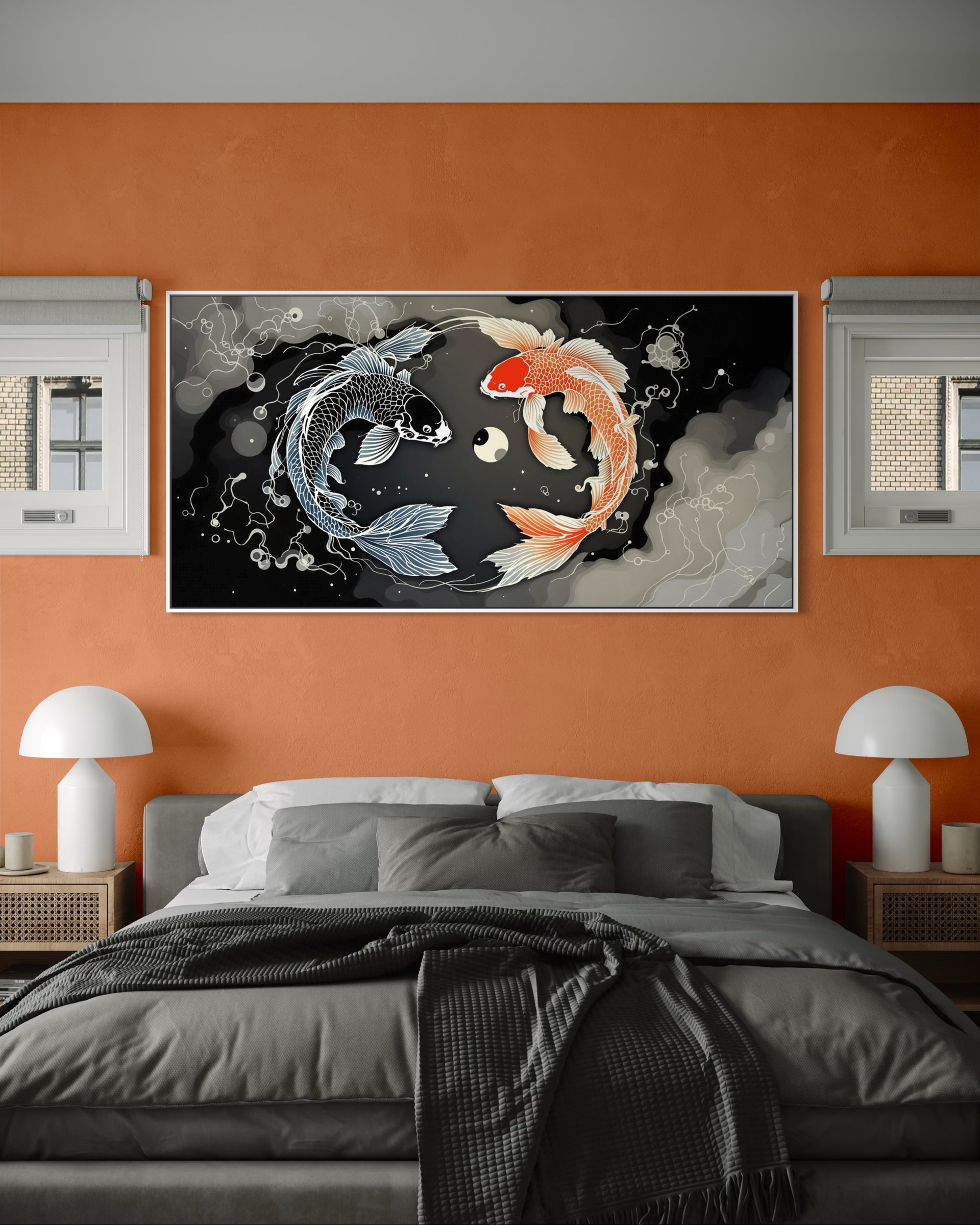 Quadro orizzontale con cornice scura e mondo astratto grigio-arancione