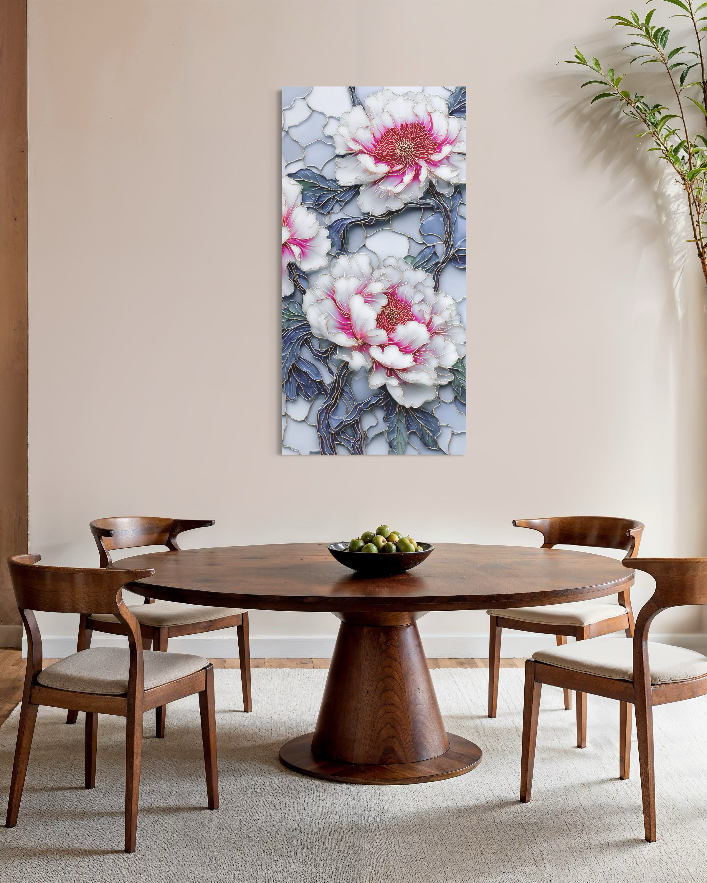 Gioia: stampa floreale astratta con fiori rosa e blu in cornice.