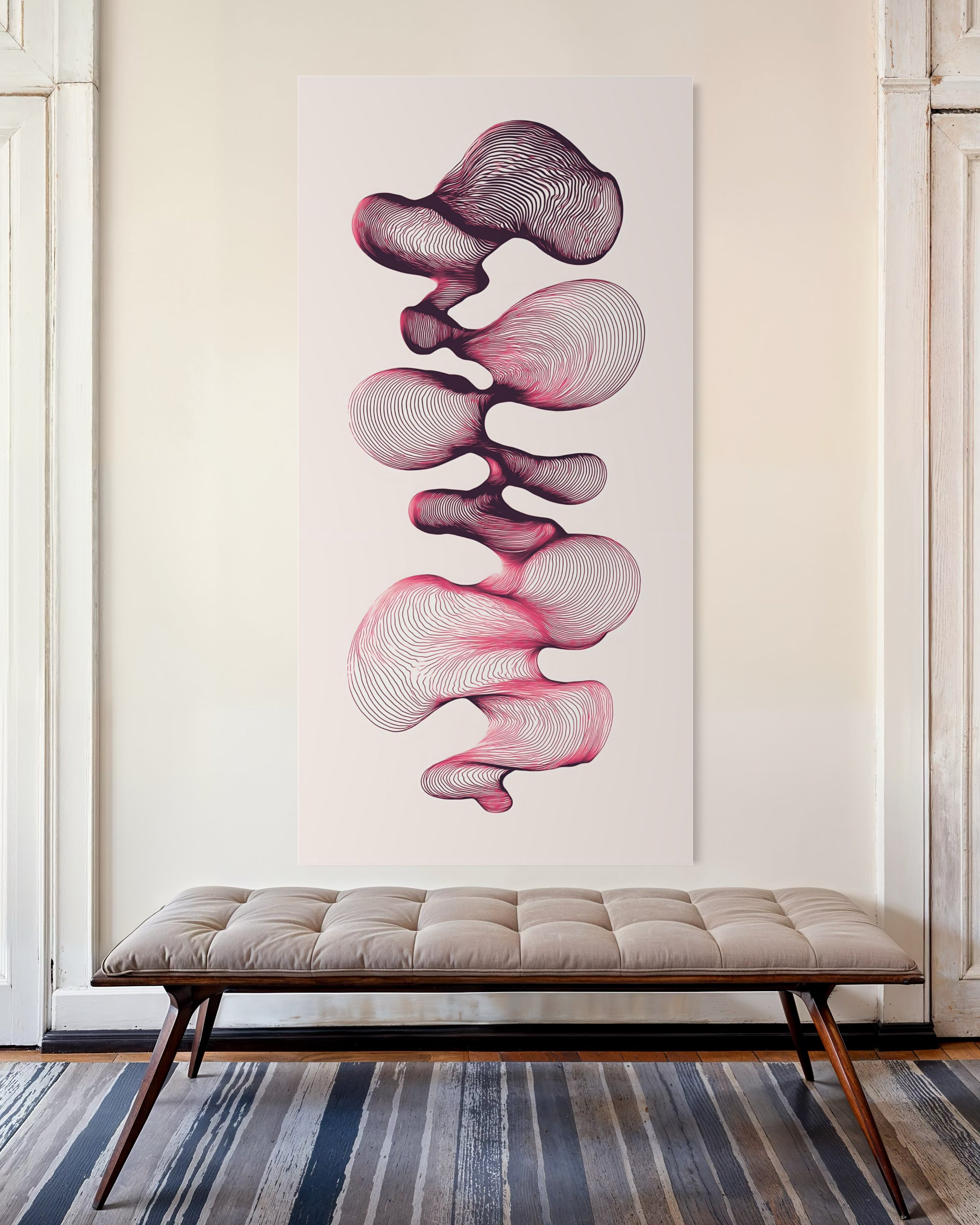 Corallo: stampa astratta con forme coralline ondulate rosa e viola.