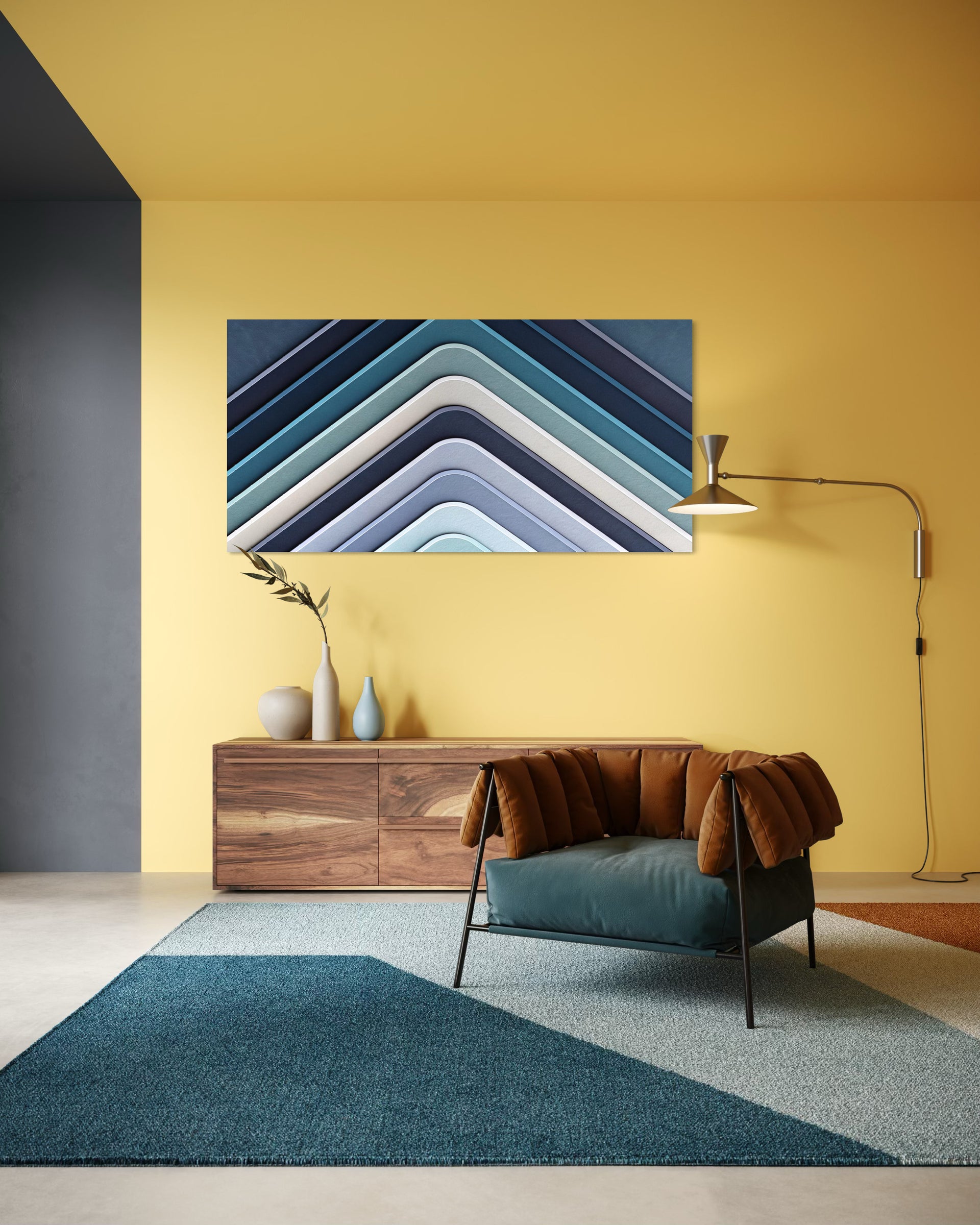 Sfumature con cornice nera, motivo a chevron multistrato in blu e grigio