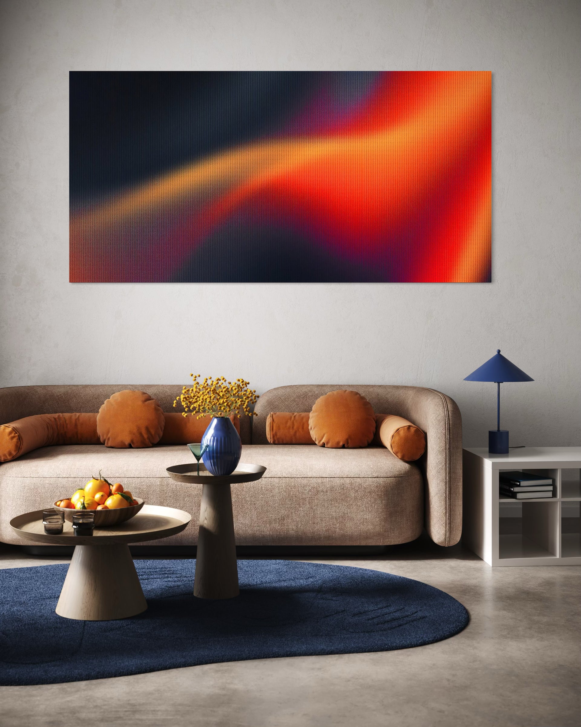 Quadro astratto da parete con telaio nero, fasce rosso-arancio e blu.