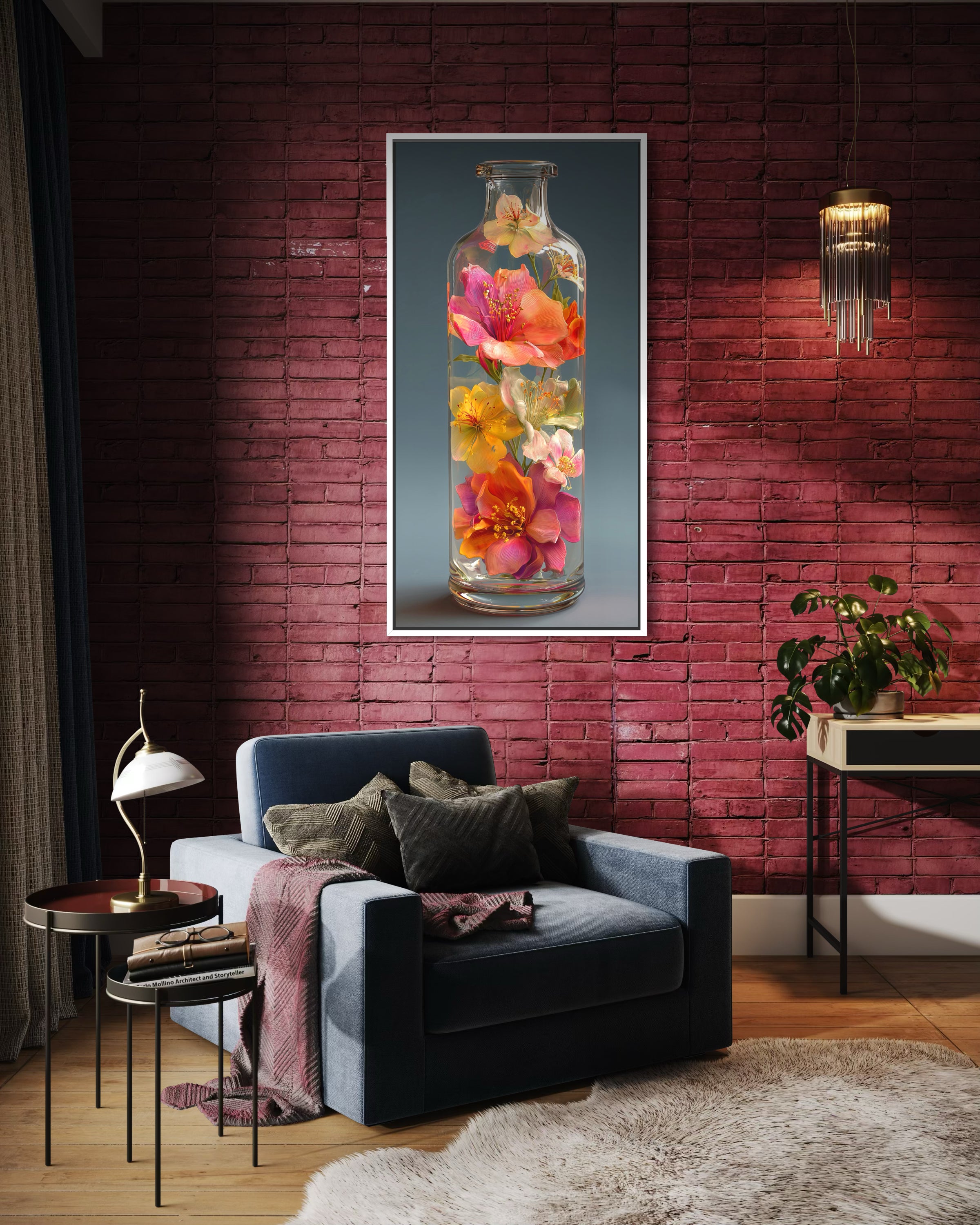 Stampa floreale incorniciata con vaso in vetro e fiori colorati, cornice chiara