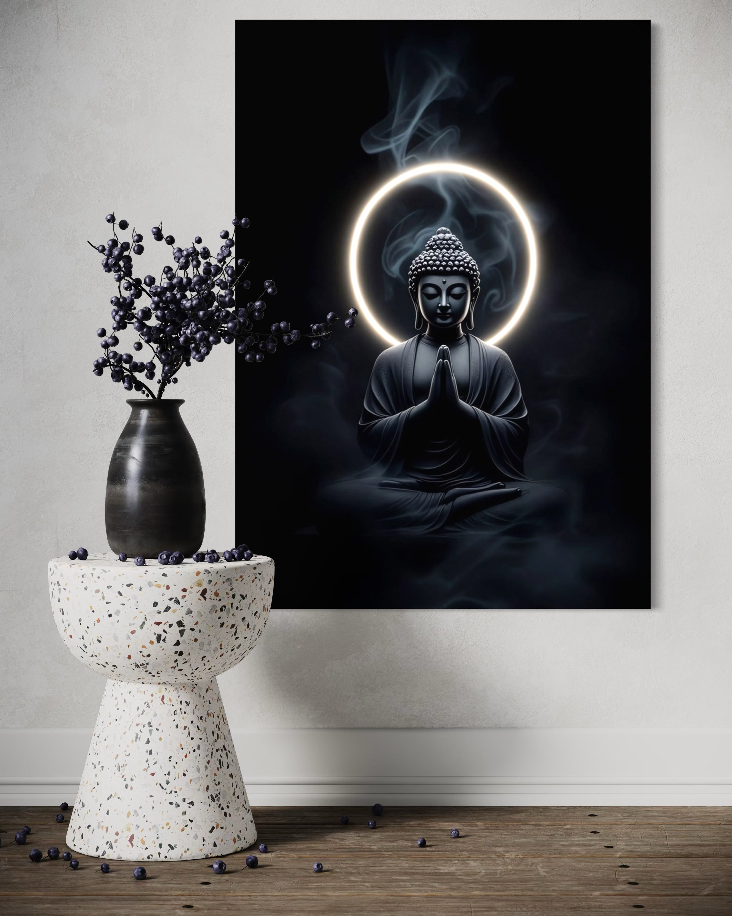 Stampa Buddha in meditazione con aloni luminosi, su sfondo scuro