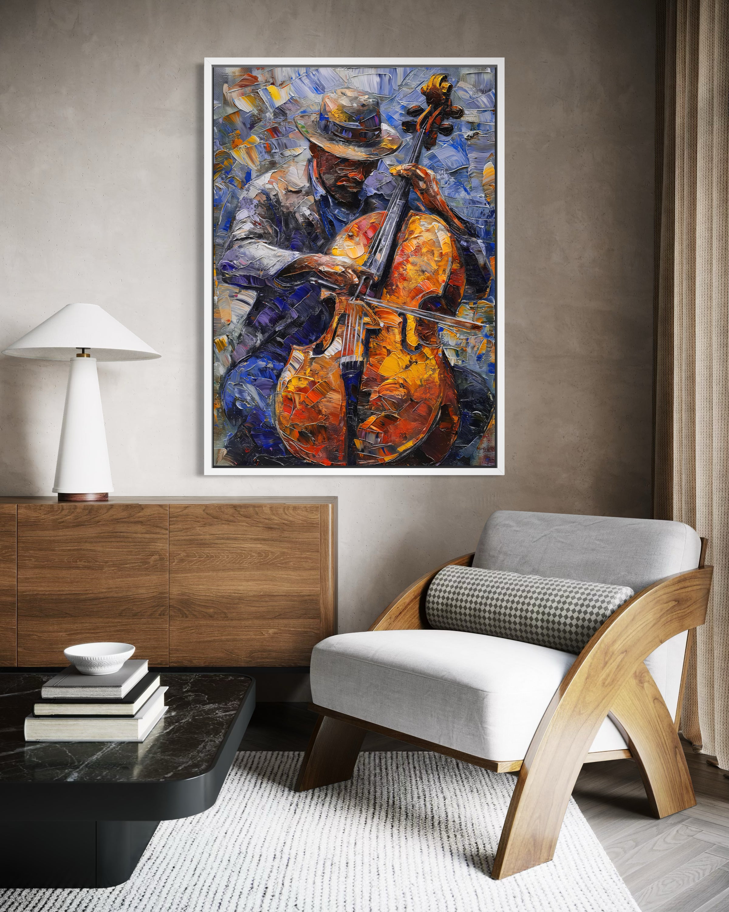 Relax: quadro astratto in cornice chiara, colori blu e arancio, soggetto con strumenti