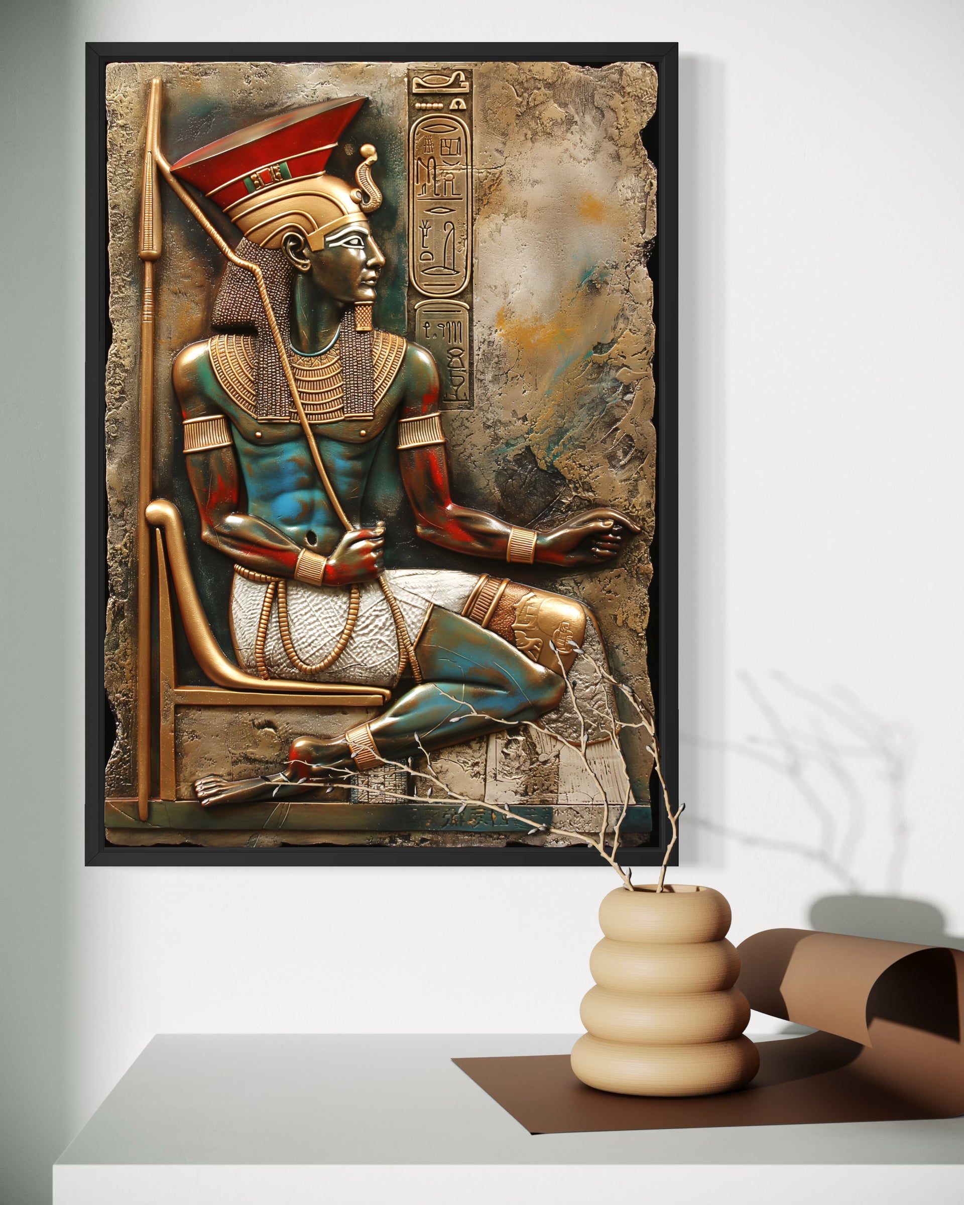 Egyptian art print: seated pharaoh, blue-and-red robes, gold accents, hieroglyph panel