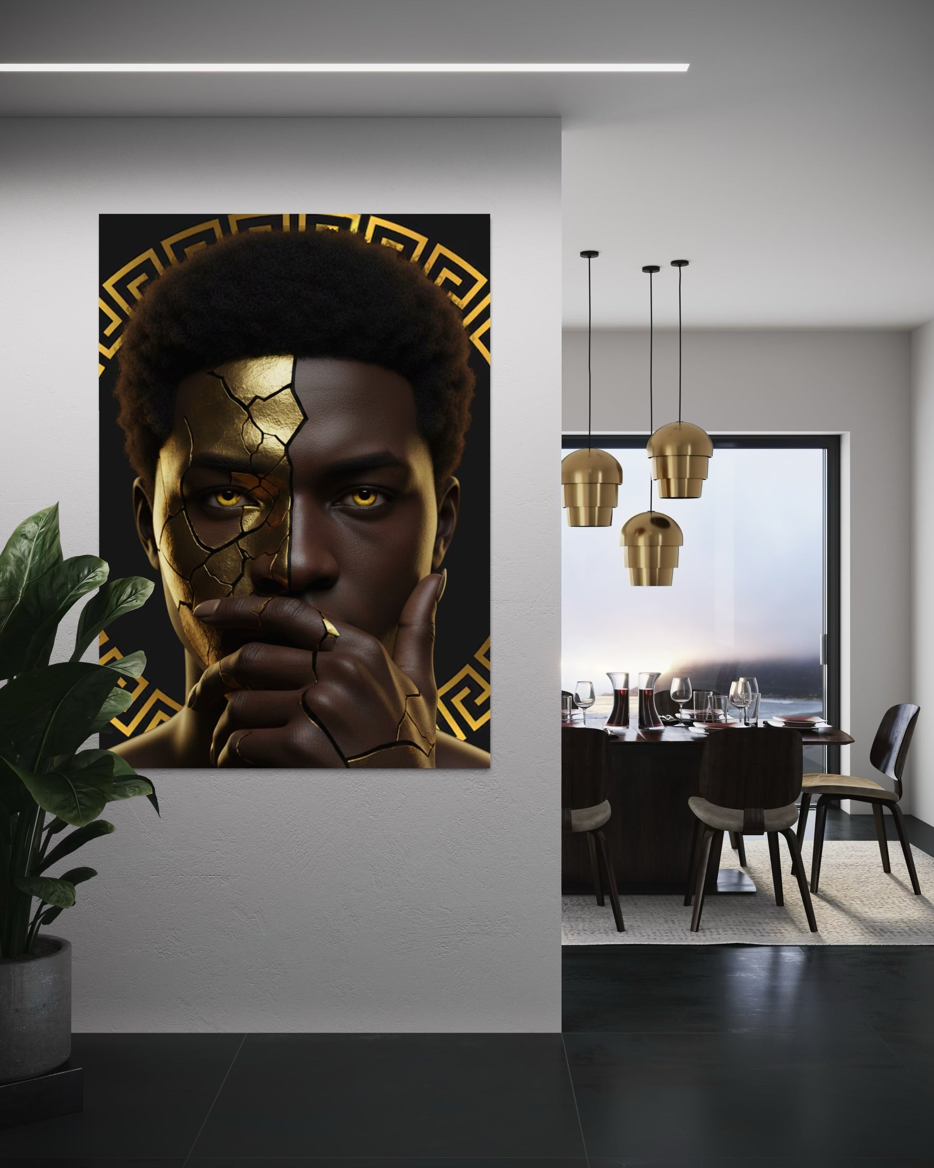 Black gold man portrait print, dark face with gold geometric details, in frame