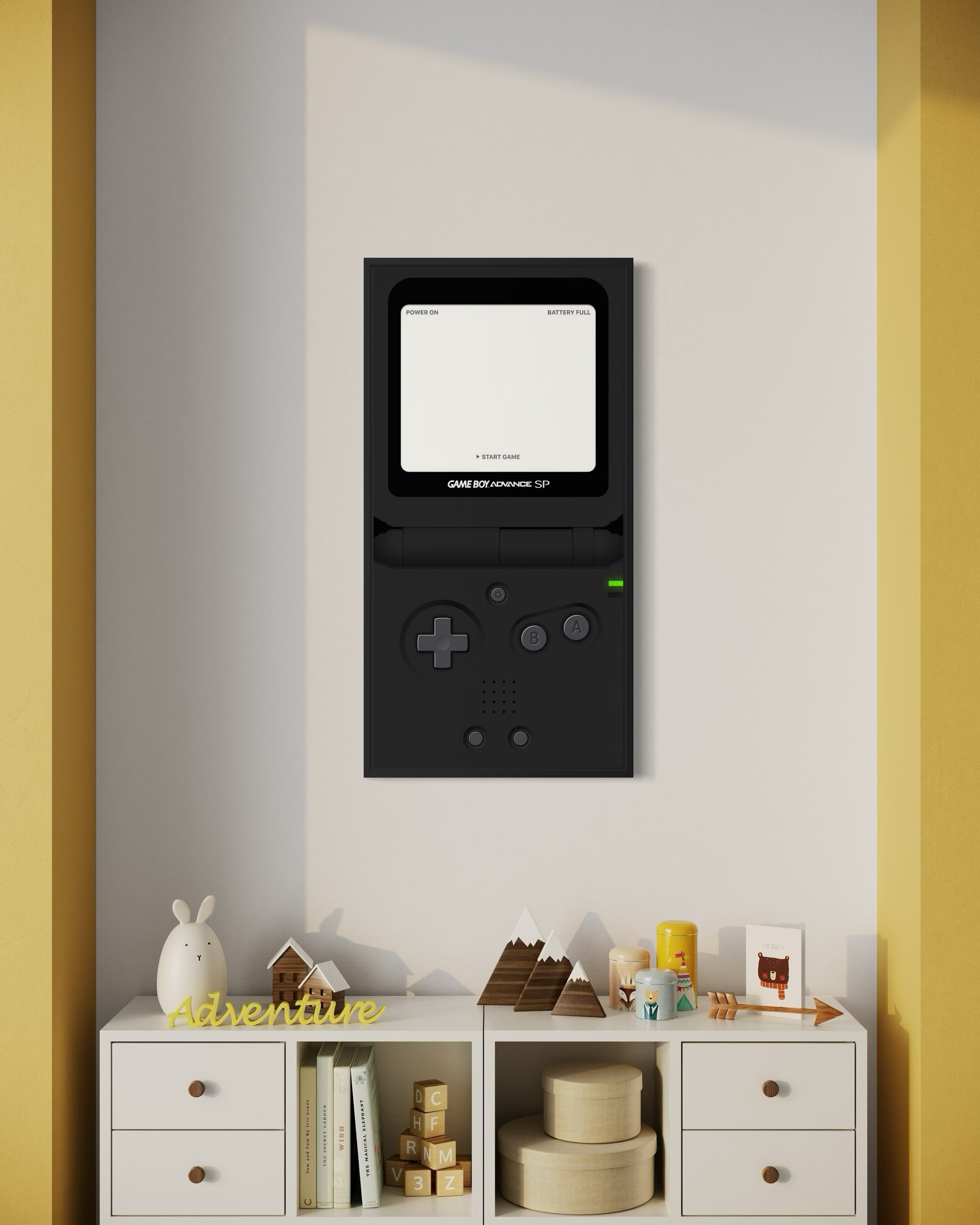 Poster con console portatile scura, schermo bianco e controlli in grigio.