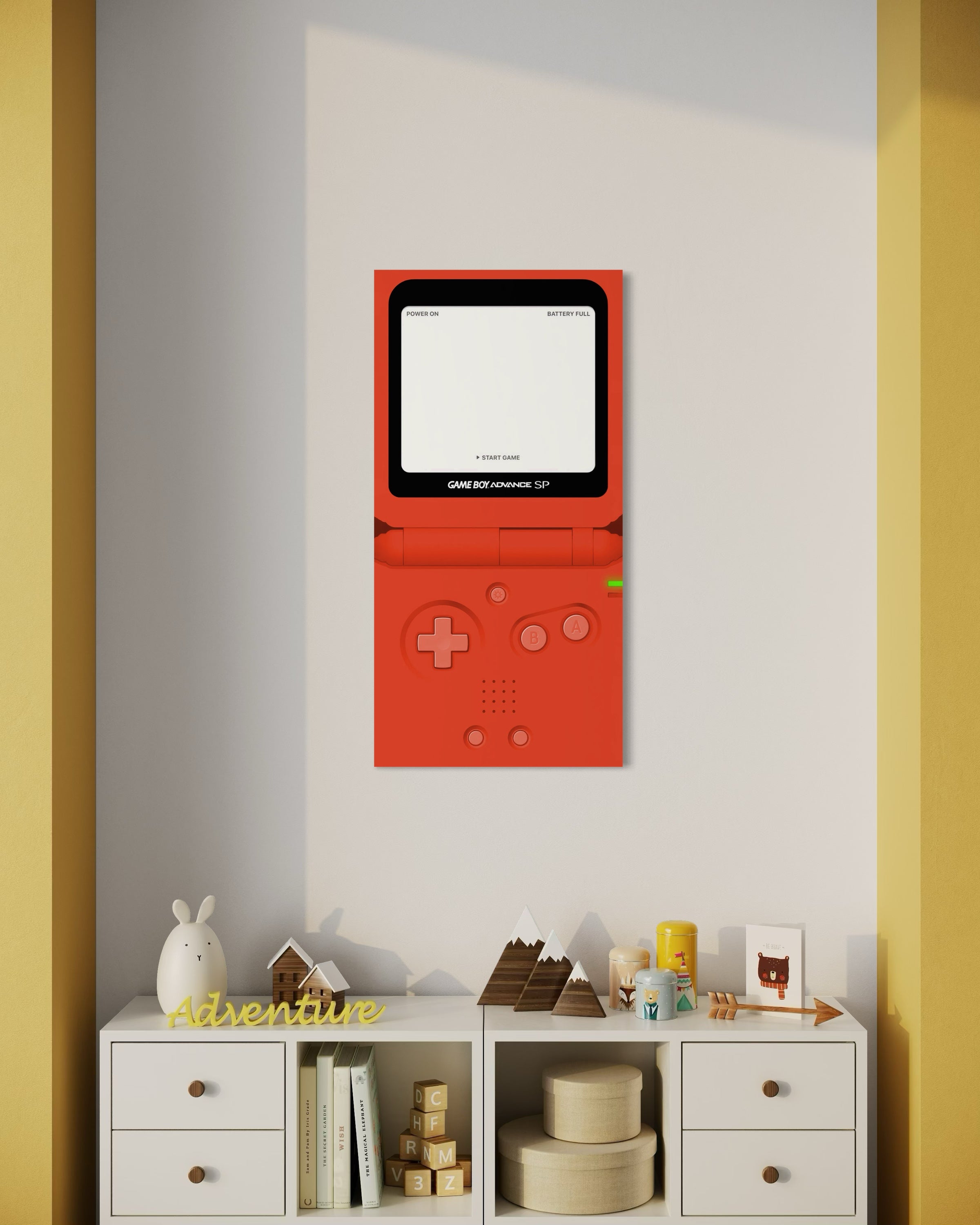 Poster con console portatile rossa, schermo bianco e controlli grigi.