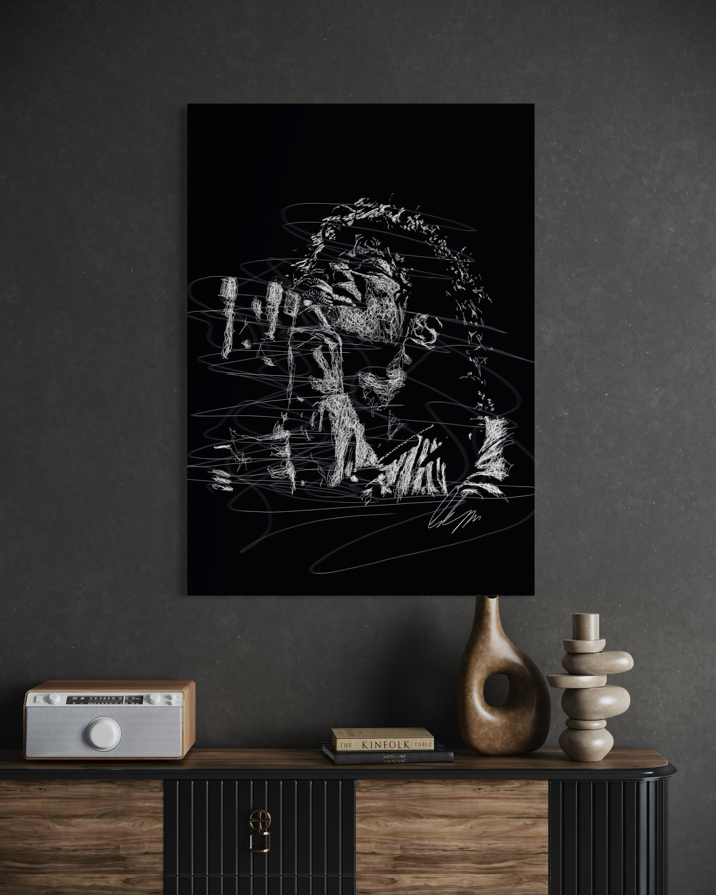Stampa decorativa King con cornice nera e figura astratta in fili metallici