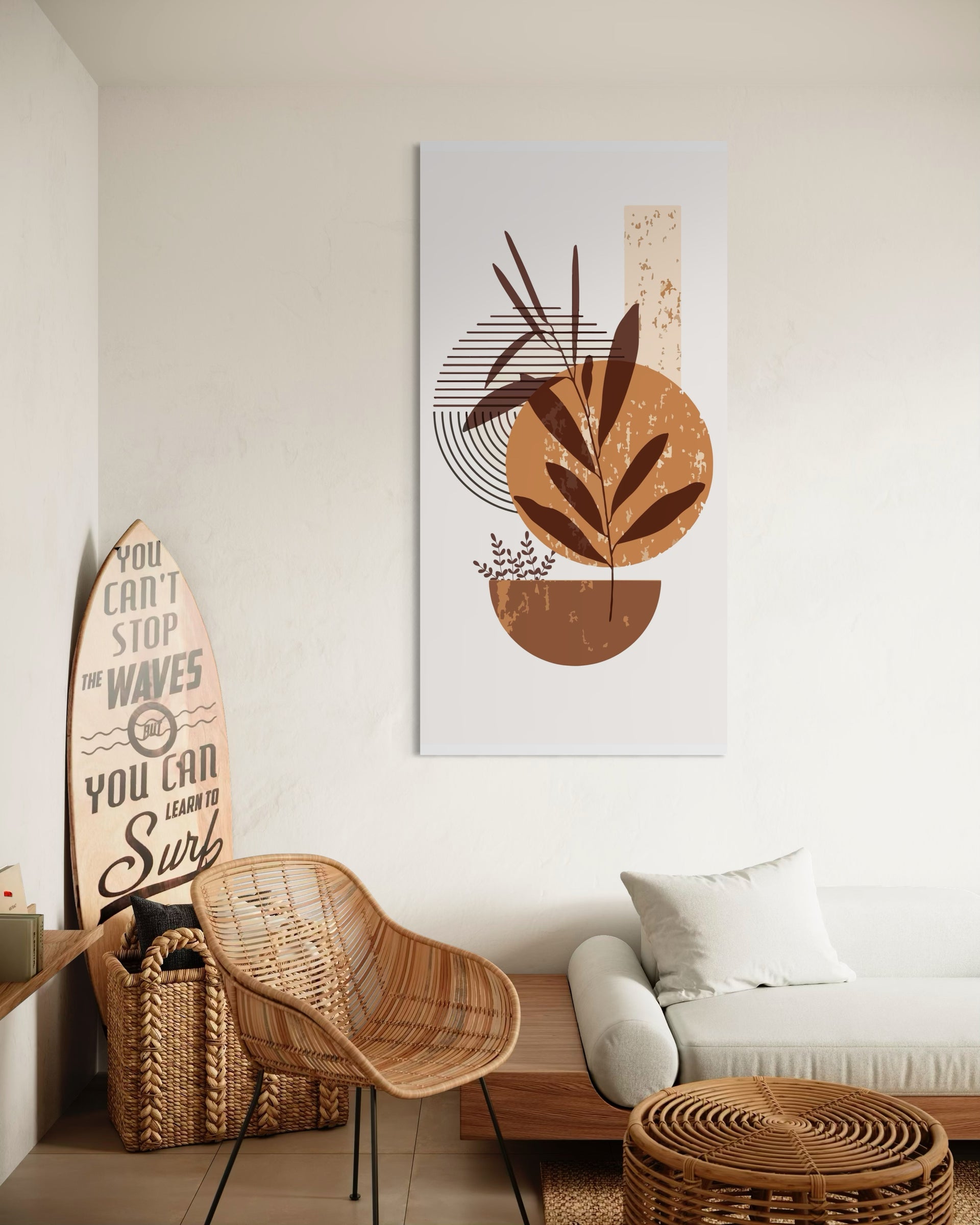 Elegant casa: stampa incorniciata astratta con motivi botanici color oro e marrone