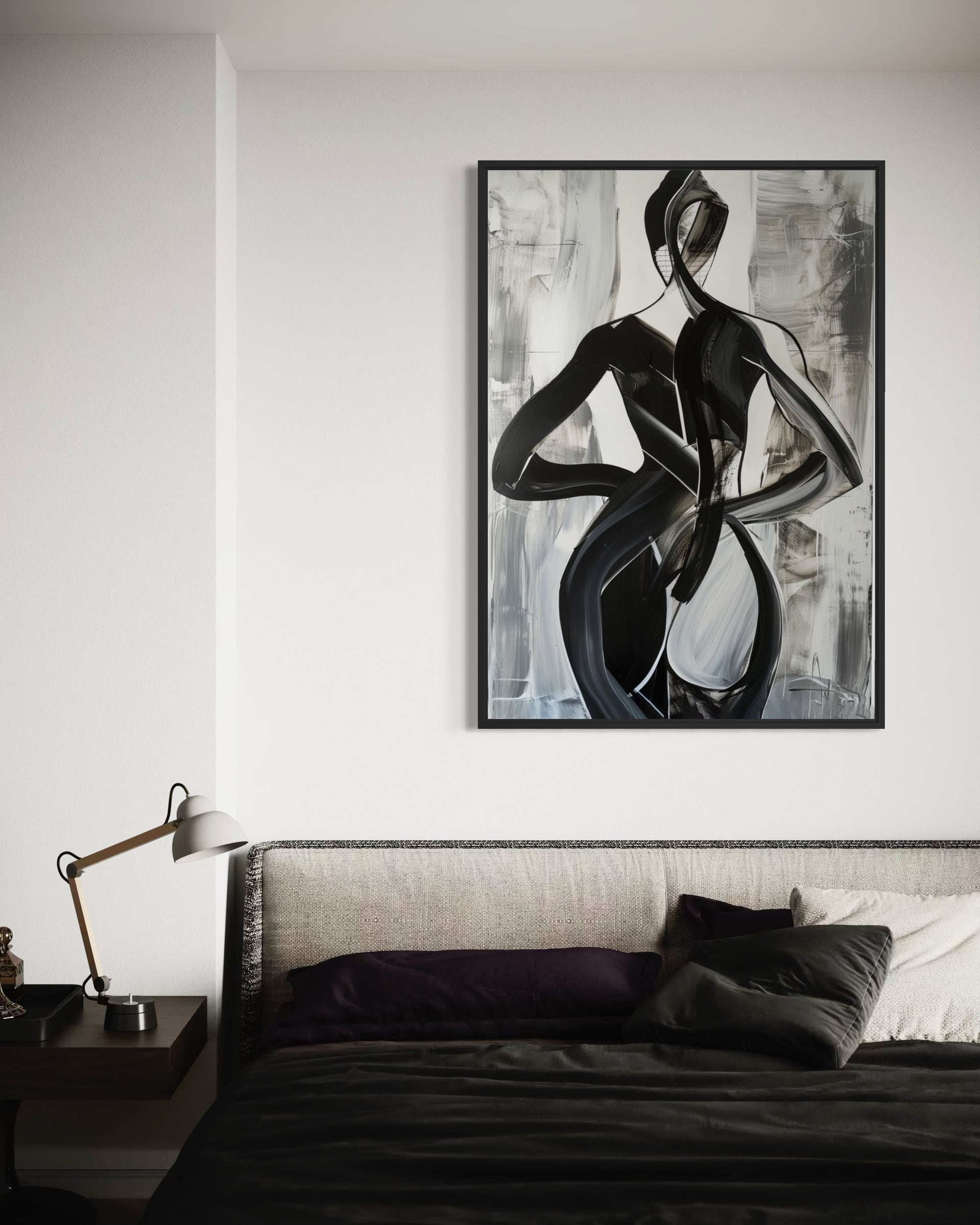 Stampa astratta nera con figure stilizzate, cornice nera