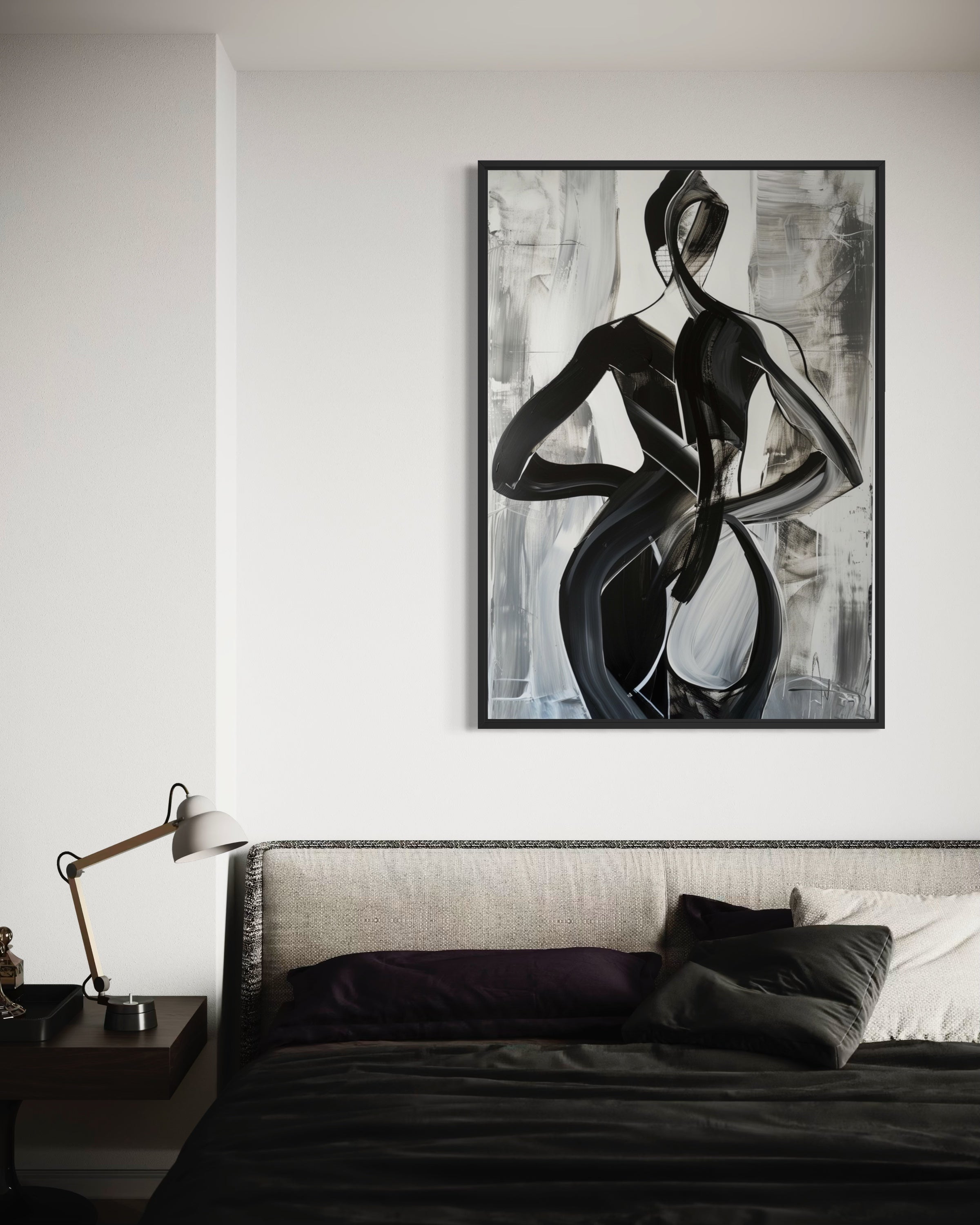 Stampa astratta nera con figure stilizzate, cornice nera