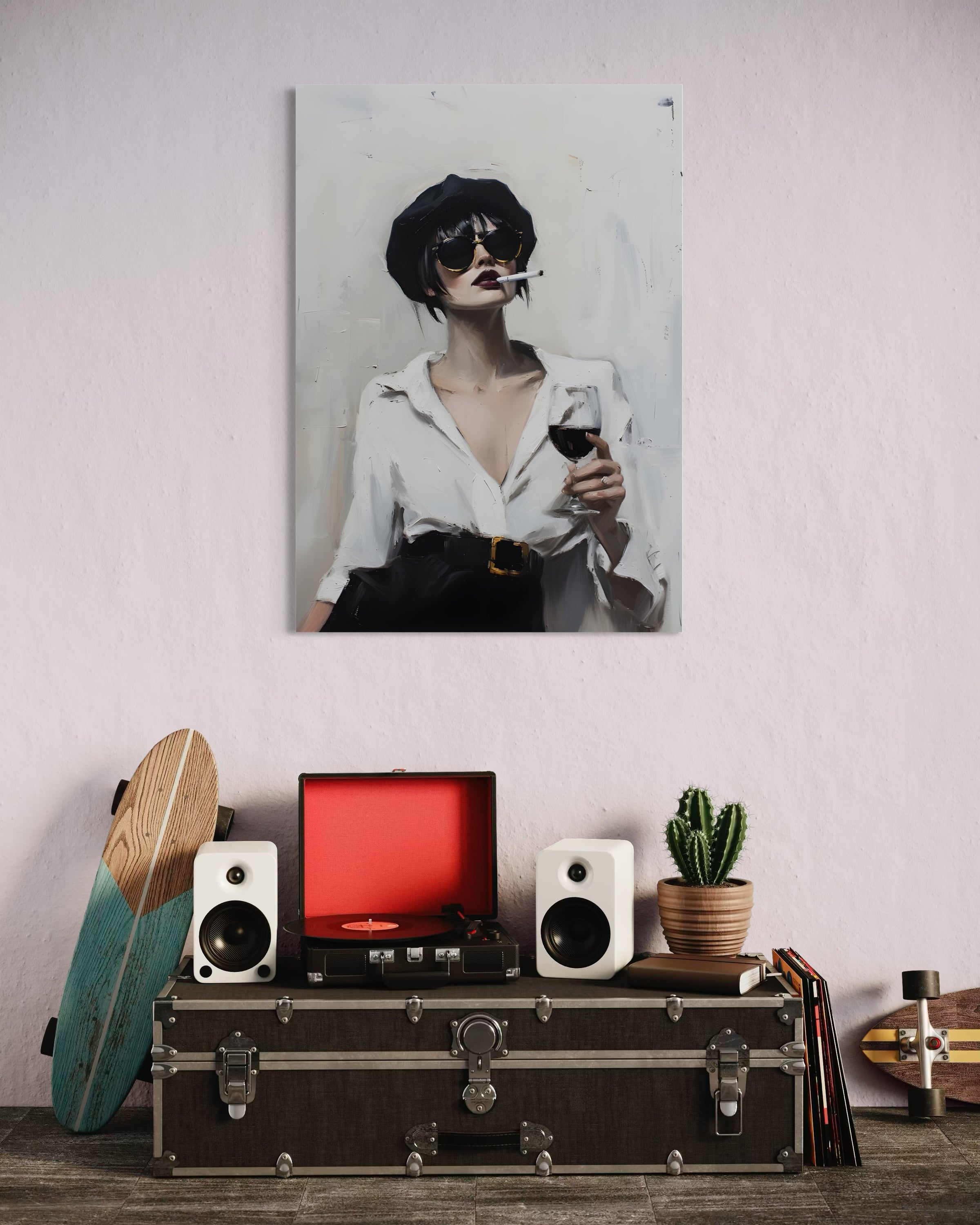 Drink free: stampa con persona che regge un bicchiere, in cornice chiara