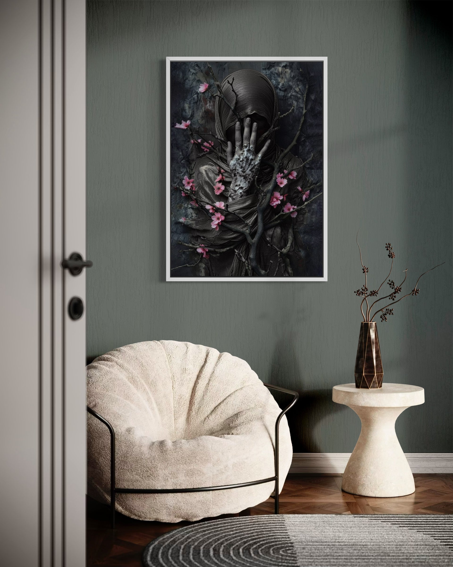 Ombra di Sakura moderna, telaio bianco e figura scura con fiori rosa