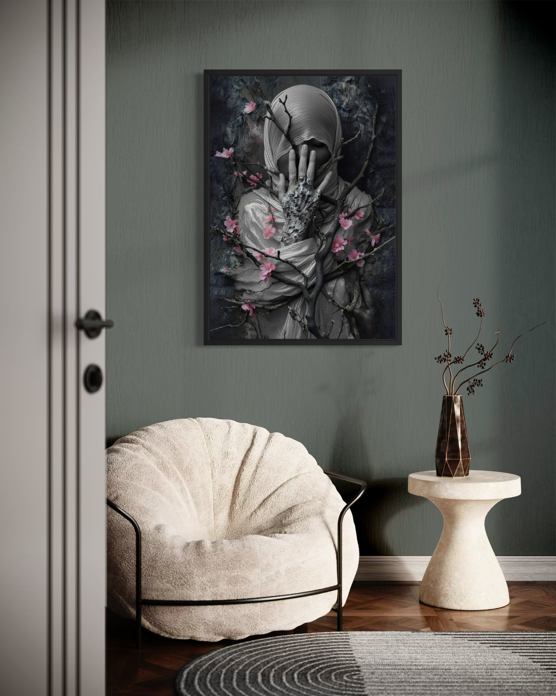 Ombra di Sakura moderna, telaio nero e figura scura con fiori rosa