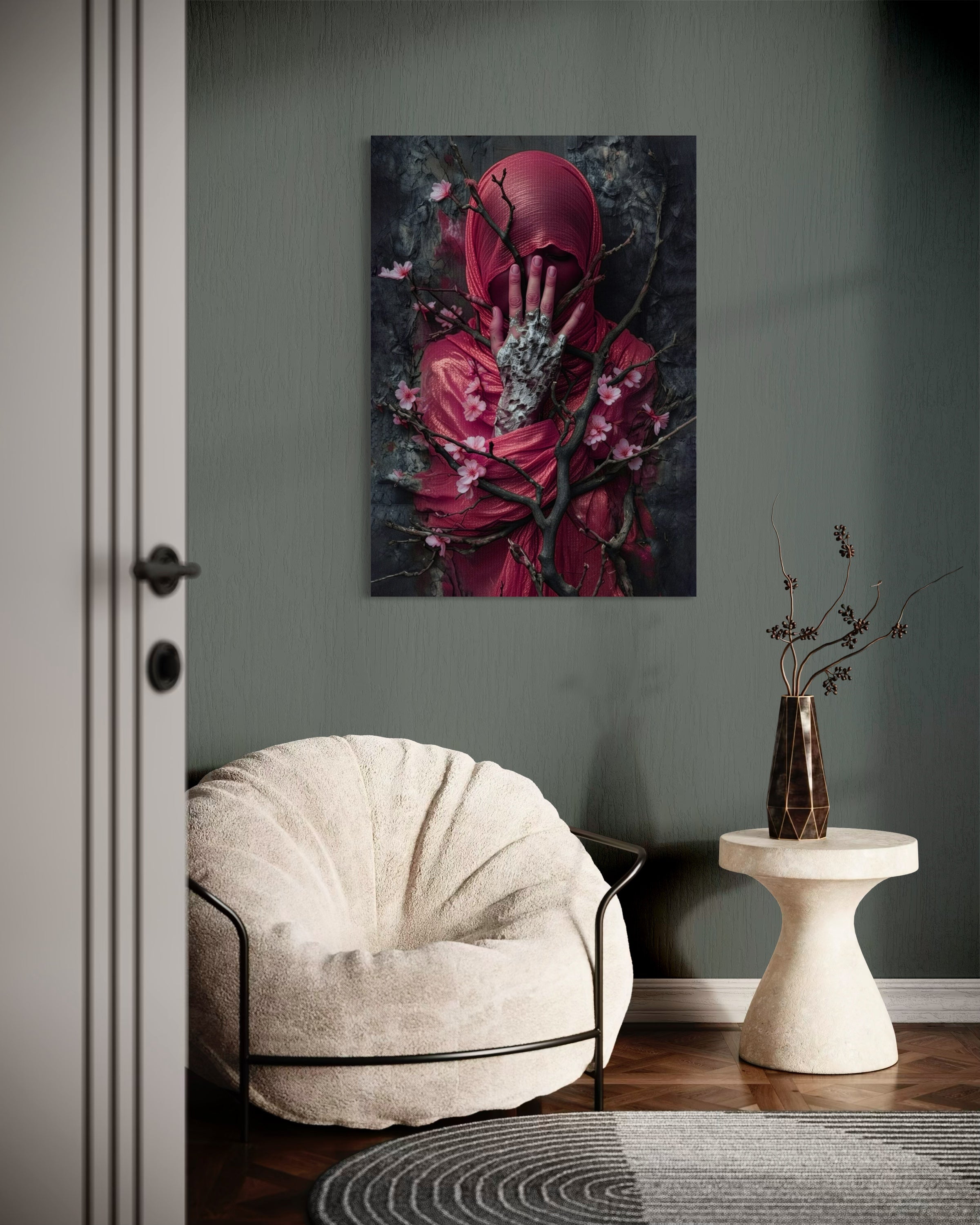 Stampa incorniciata moderna con teschio rosso e fiori rosa su sfondo scuro, cornice scura
