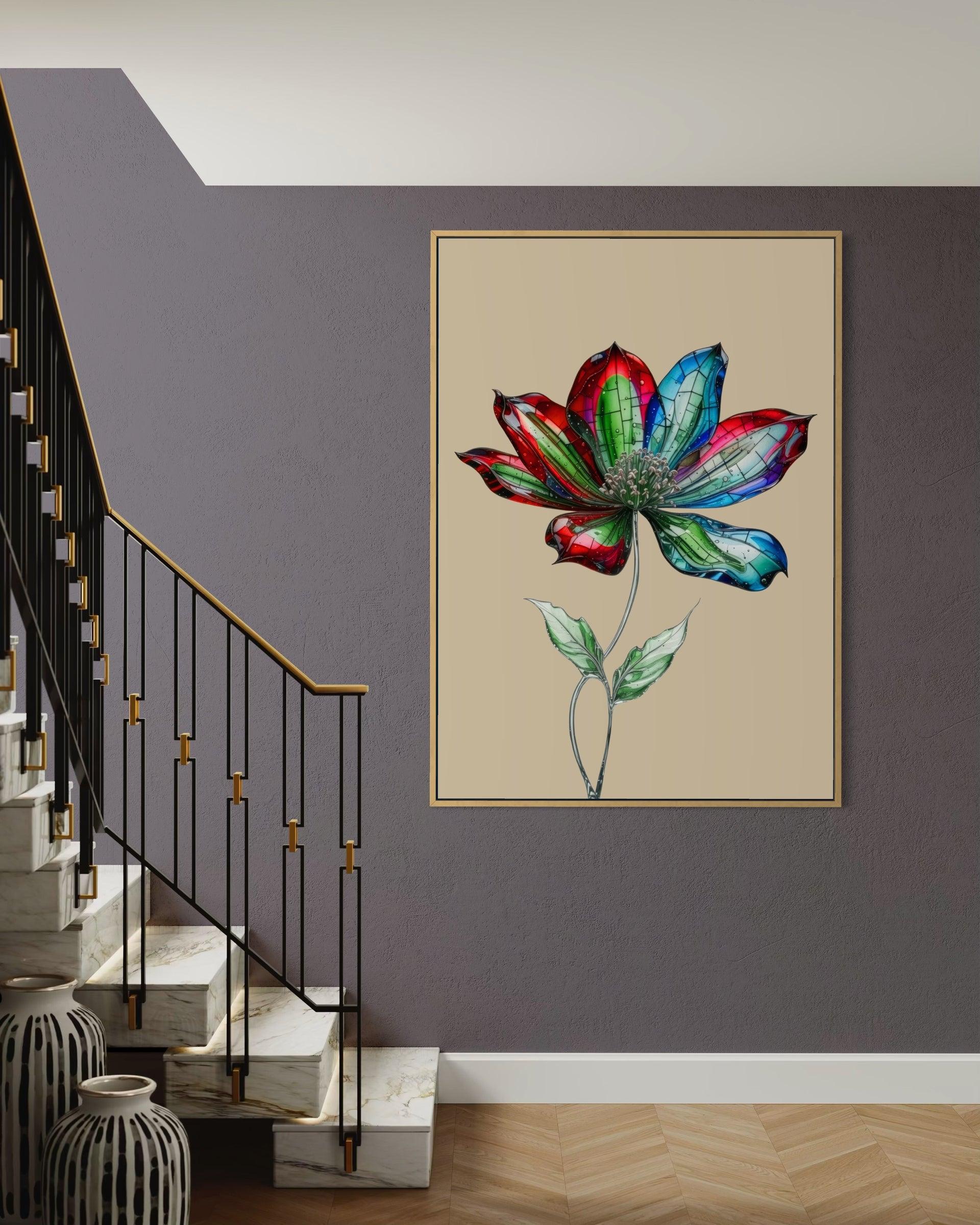 Cosmos Fiore Vitrail con cornice oro, fiore colorato stile vetrata