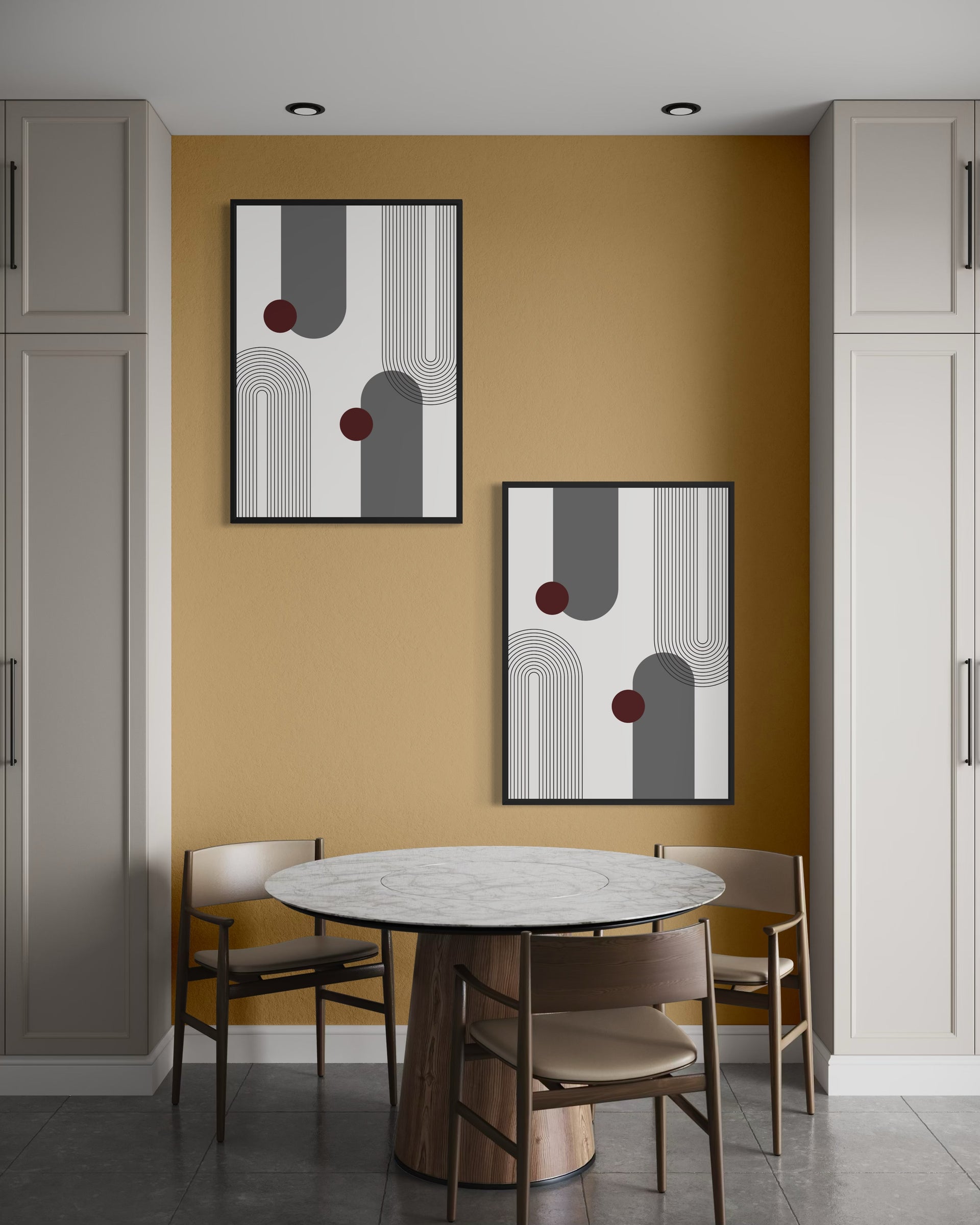 Archi Boho con due stampe astratte grigie in cornice nera