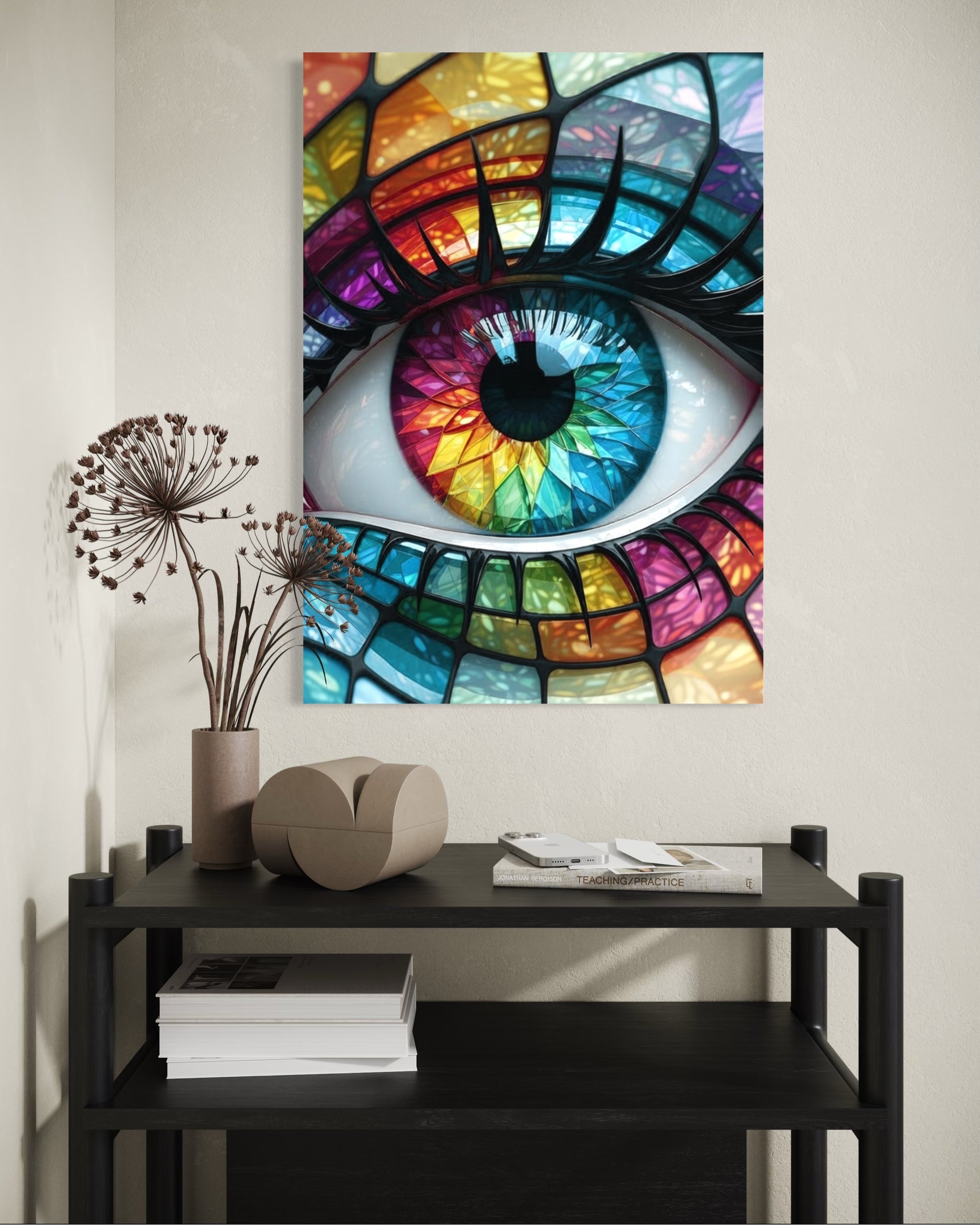 Sguardo: grande occhio colorato con contorno a mosaico, cornice scura.