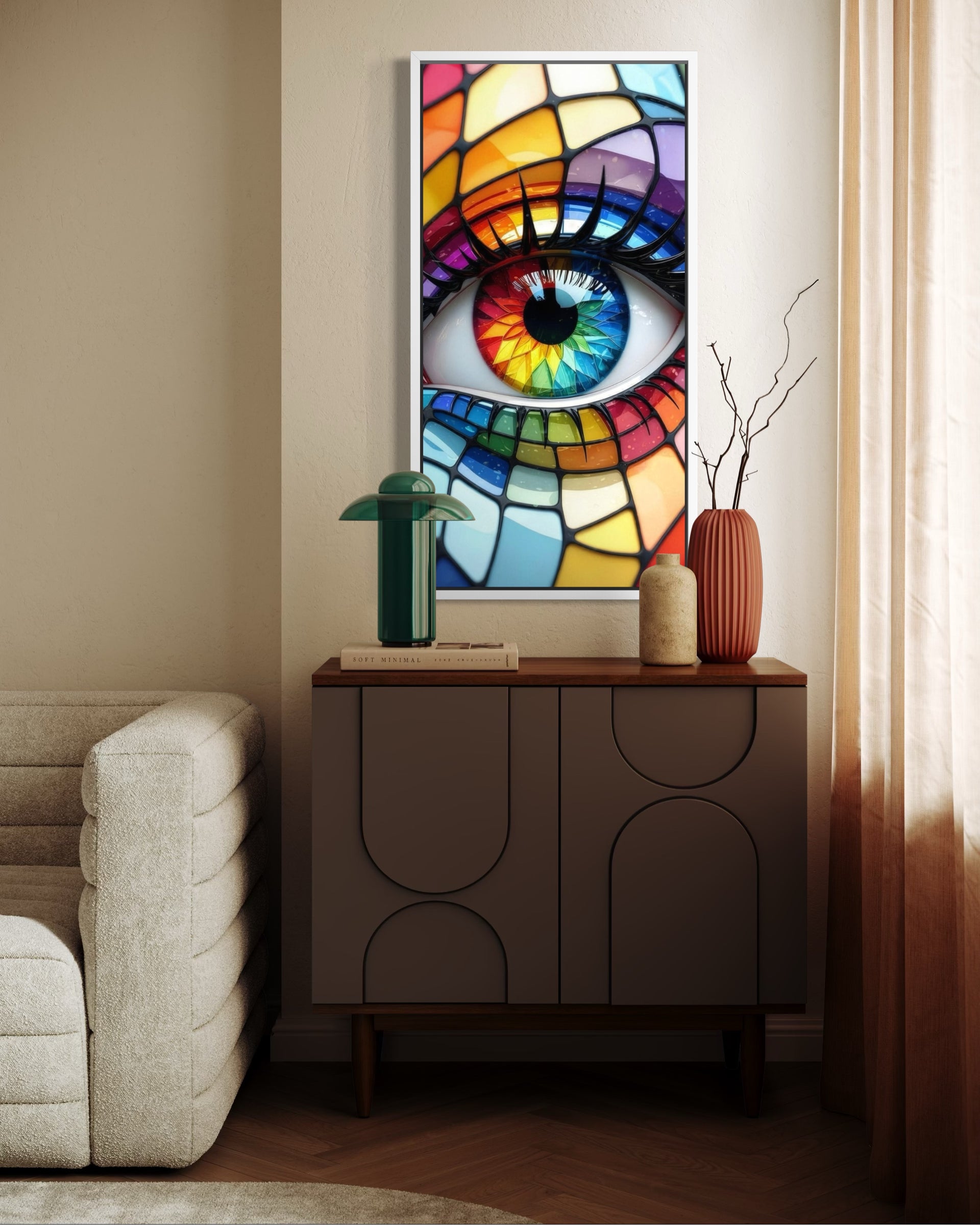 Sguardo delicato: cornice con grande occhio multicolore in stile vetrata colorata.