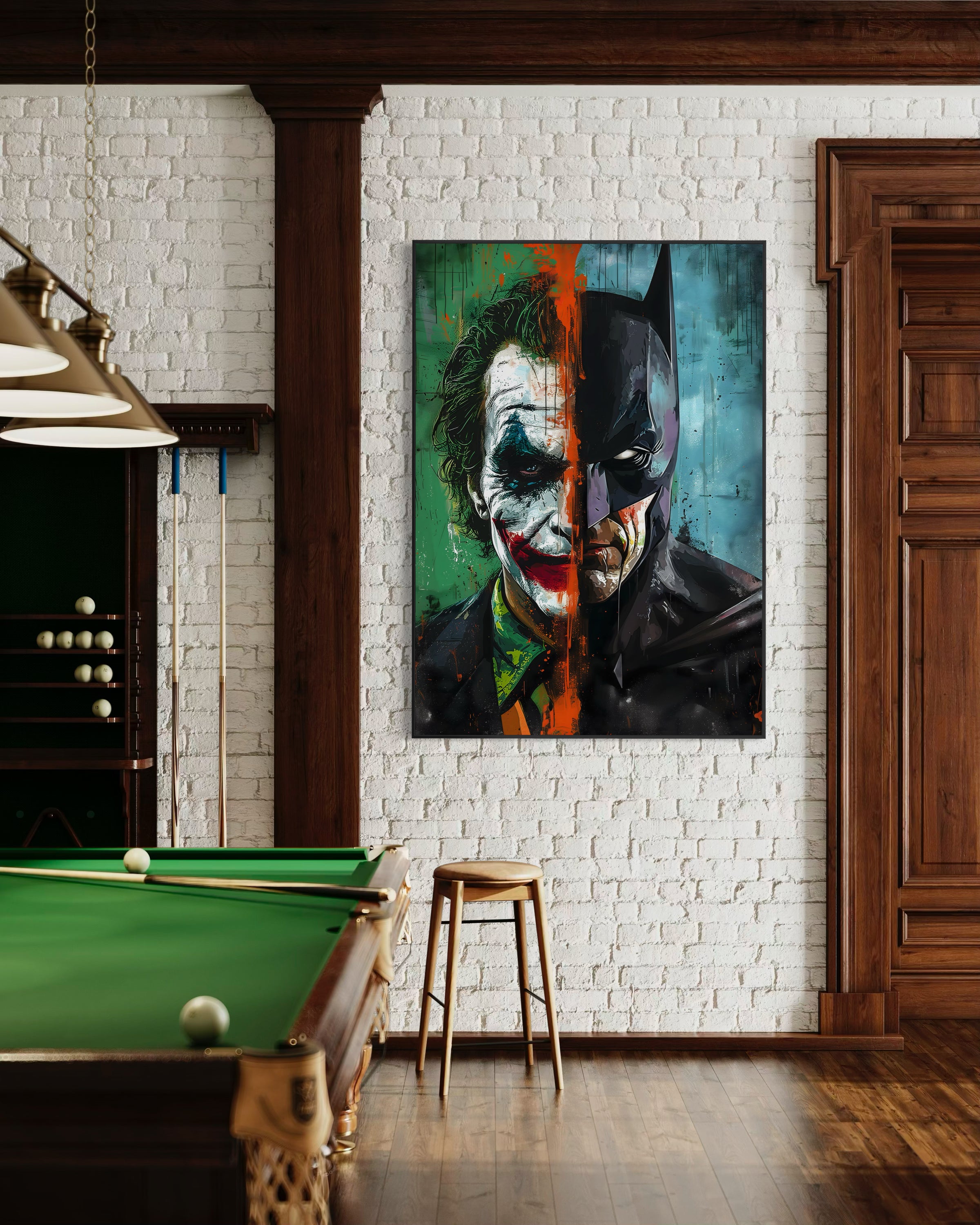 Stampa incorniciata Joker e Batman: volto scuro diviso da bande arancioni e verdi