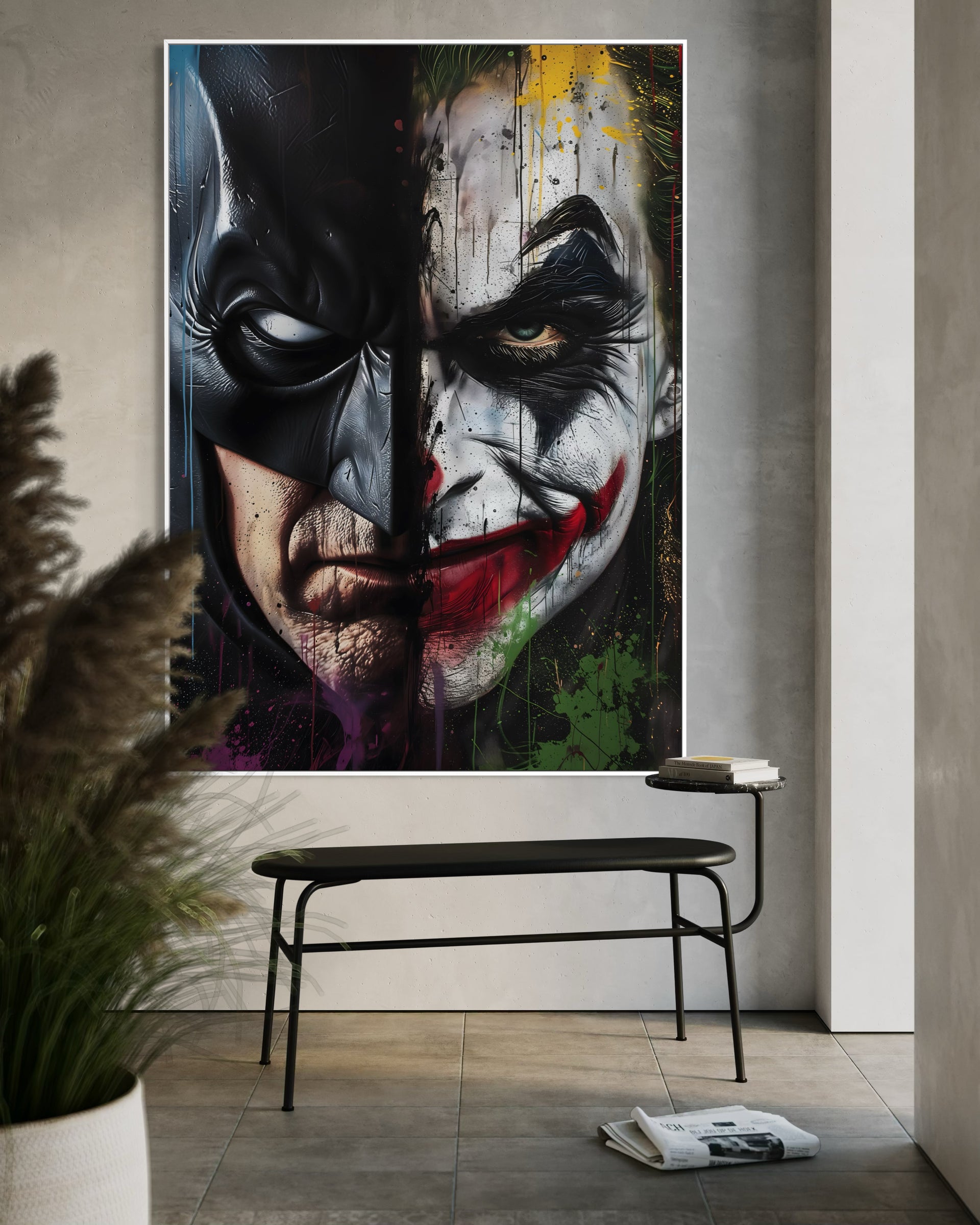Volto di Joker con maschera bicolore, incorniciato nero, effetto macchie e schizzi