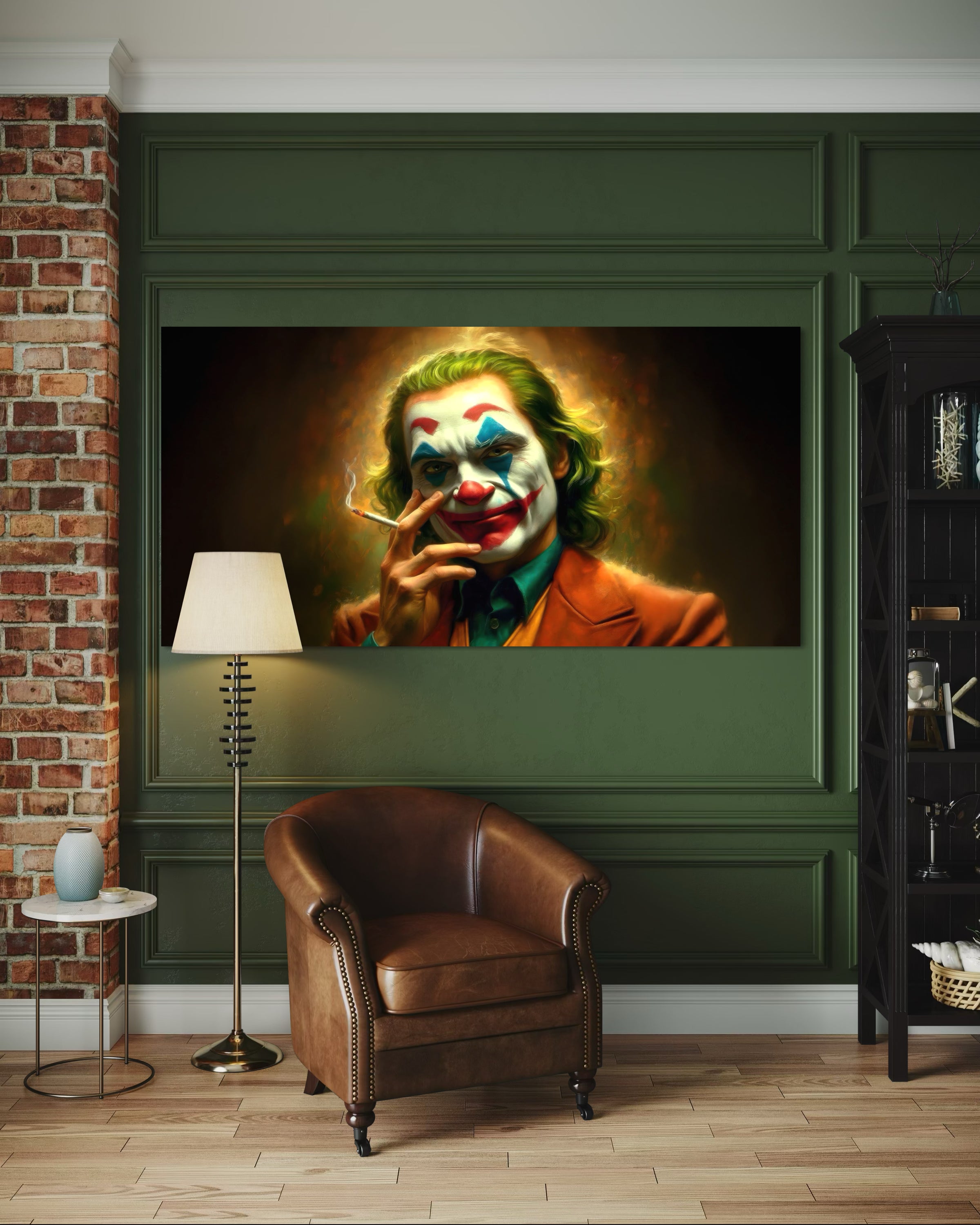 Joker smoke: stampa incorniciata con volto da clown e effetto fumo