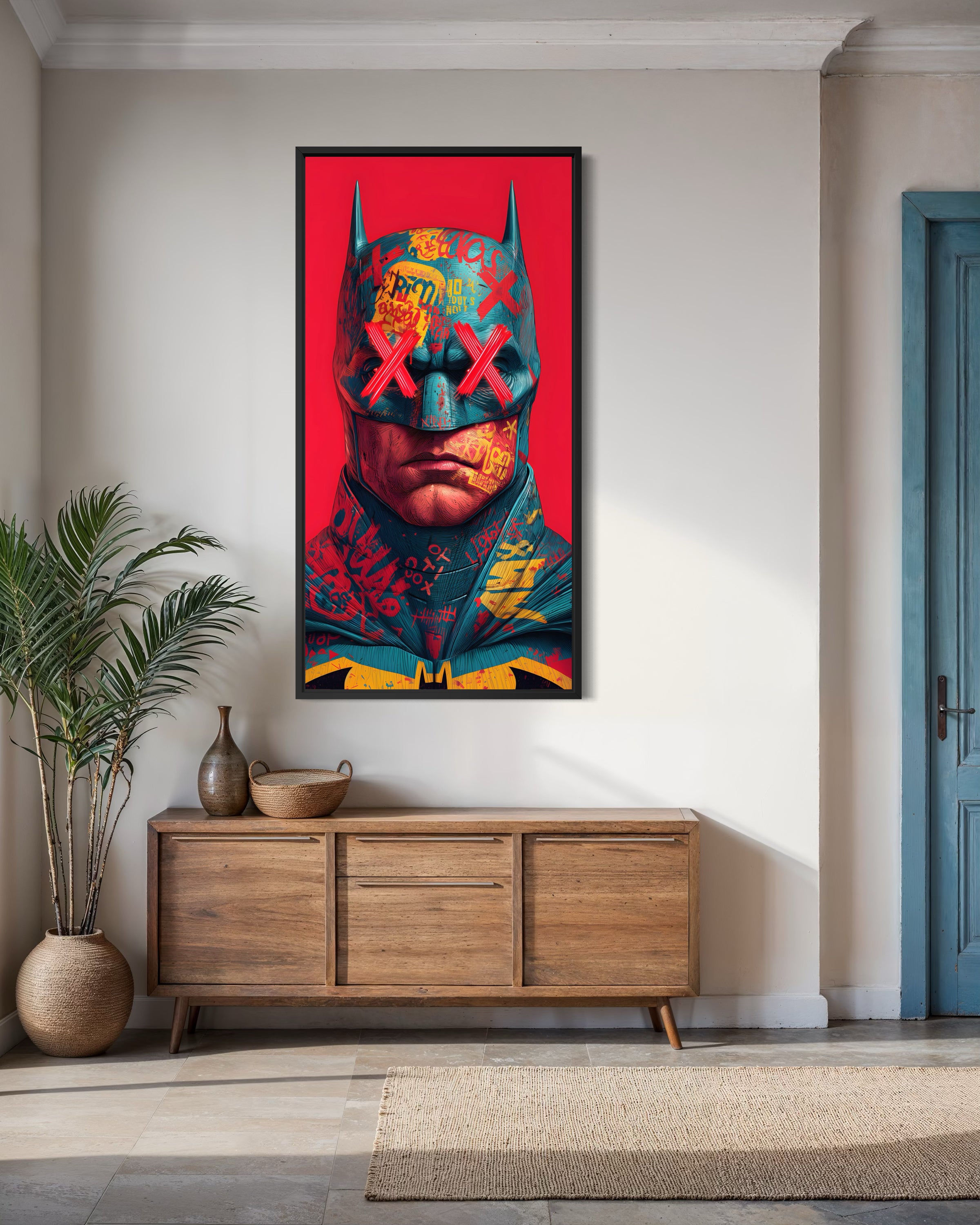 Cavaliere Oscuro con telaio nero, poster stile fumetto con volto mascherato