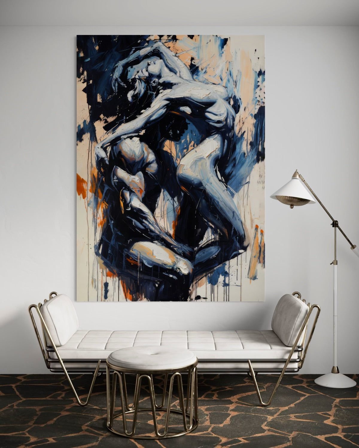 Stampa incorniciata con figura stilizzata in nero e blu, telaio nero
