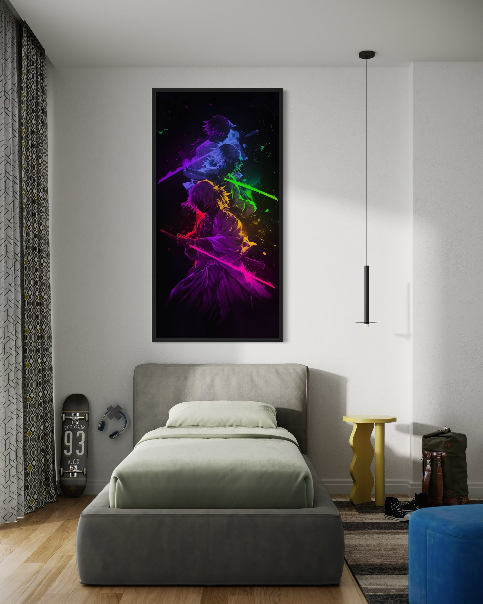 Kata water, stampa incorniciata nera con figure colorate al neon