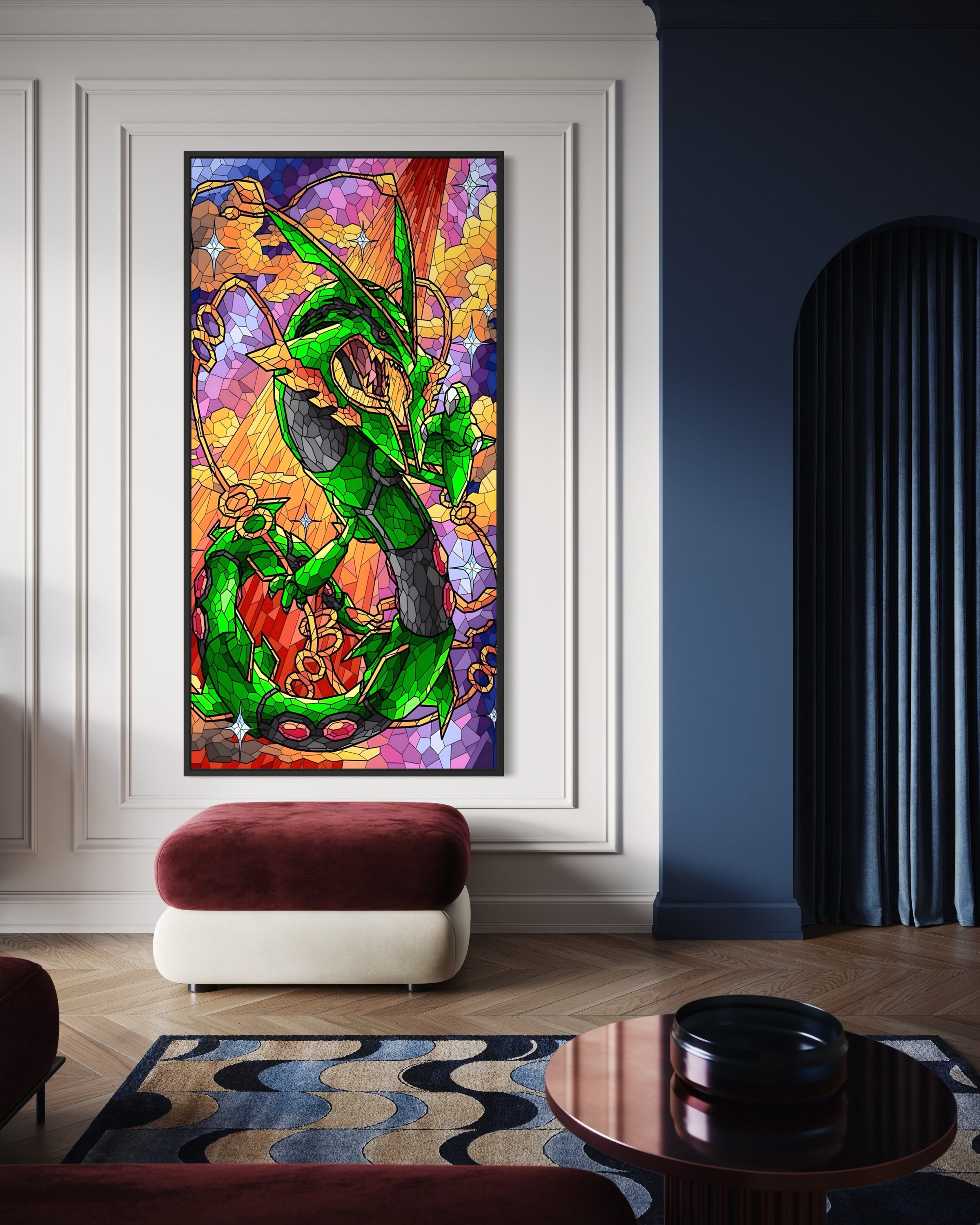 Stampa incorniciata di Rayquaza con illustrazione colorata e sfondo a vetrata