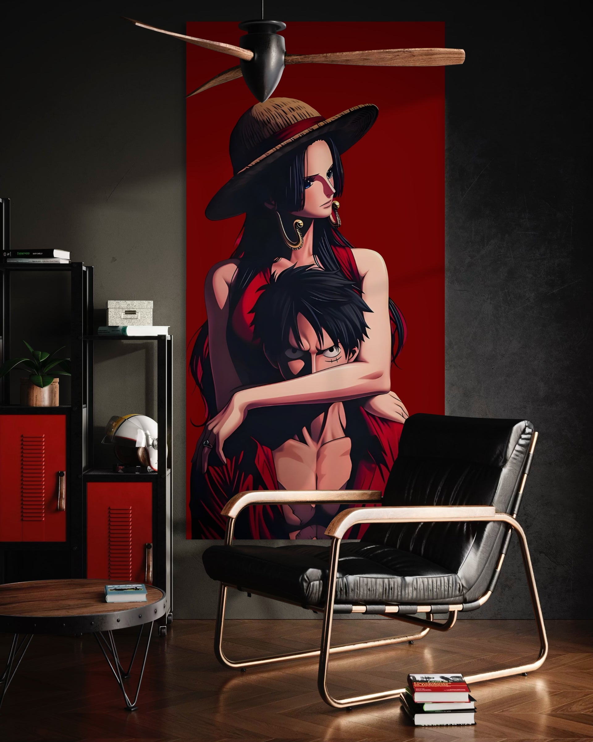 Quadro con figure in rosso e nero, copricapo scuro e bacio avvolgente
