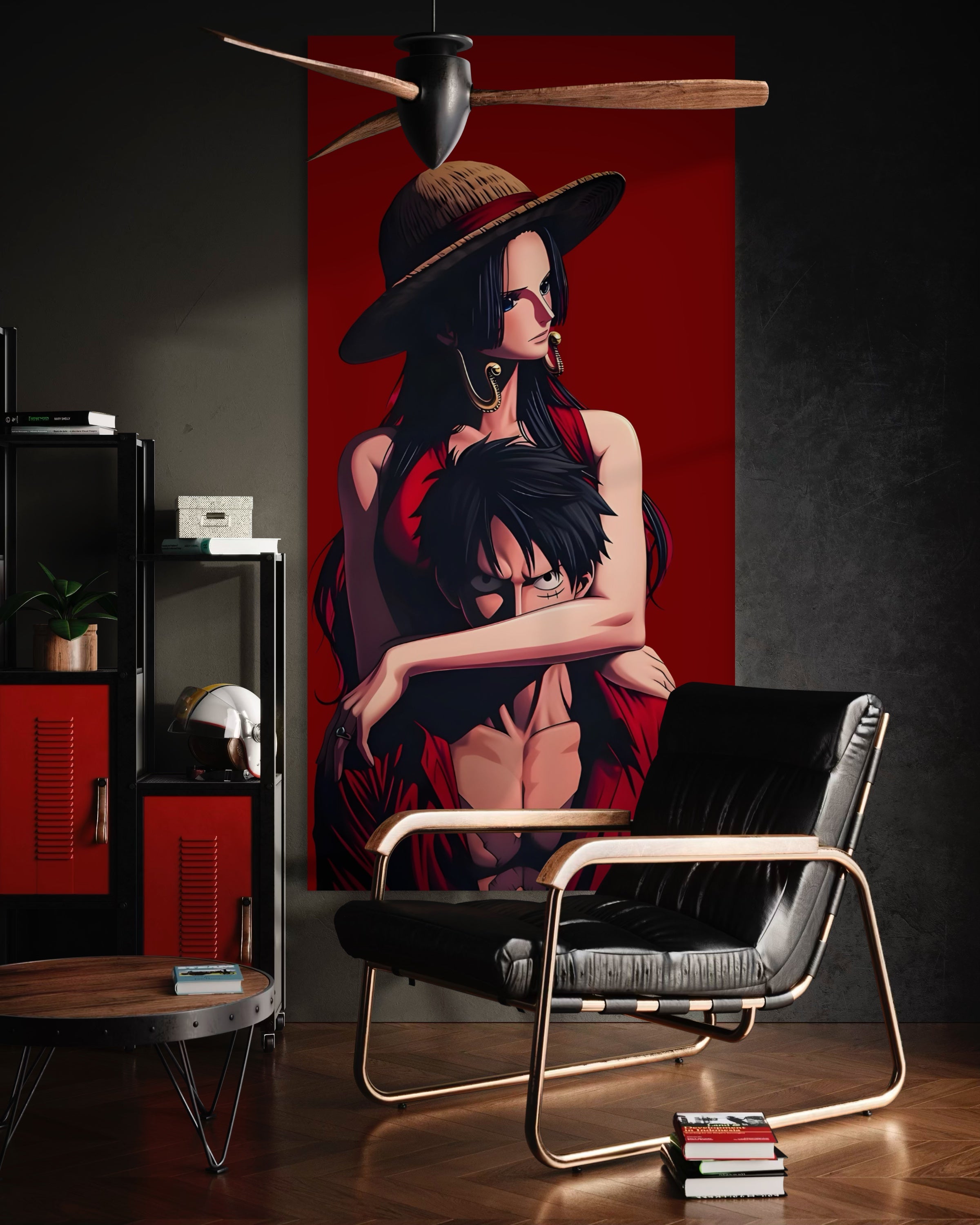 Quadro con figure in rosso e nero, copricapo scuro e bacio avvolgente