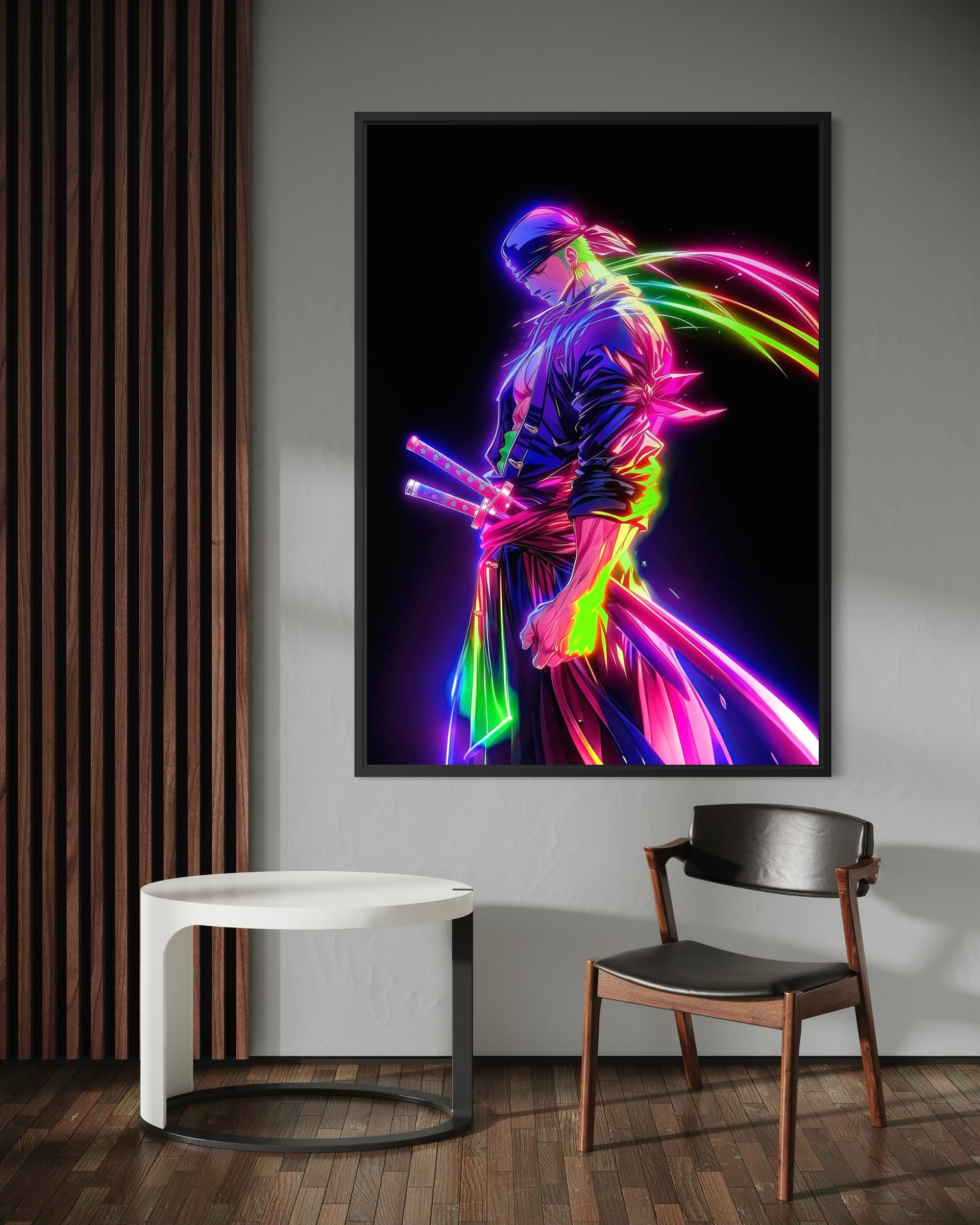 Stampa Zoro Samurai Neon con samurai e scie neon colorate, cornice nera