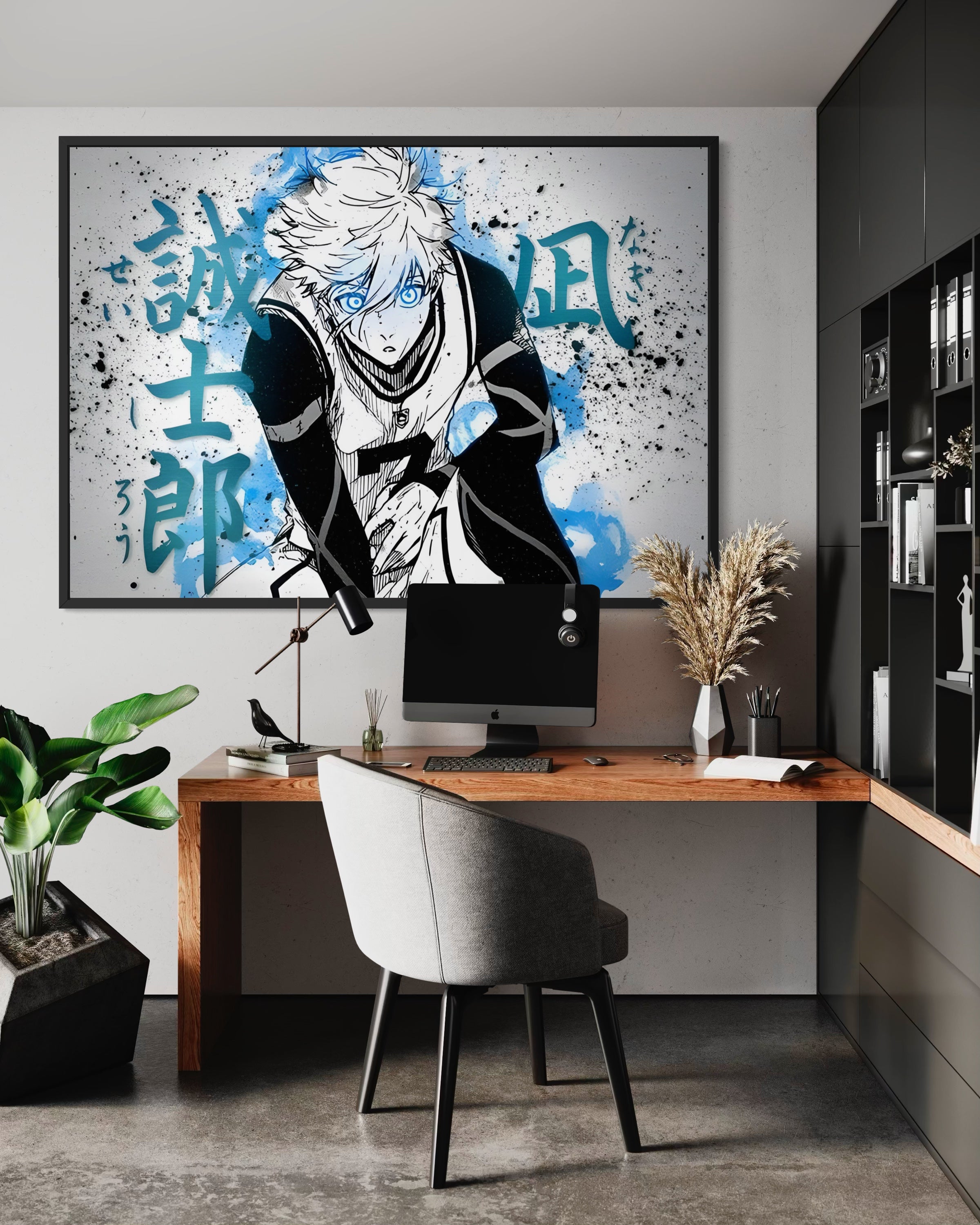 King Nagi: stampa incorniciata con personaggio dai capelli bianchi e spruzzi blu