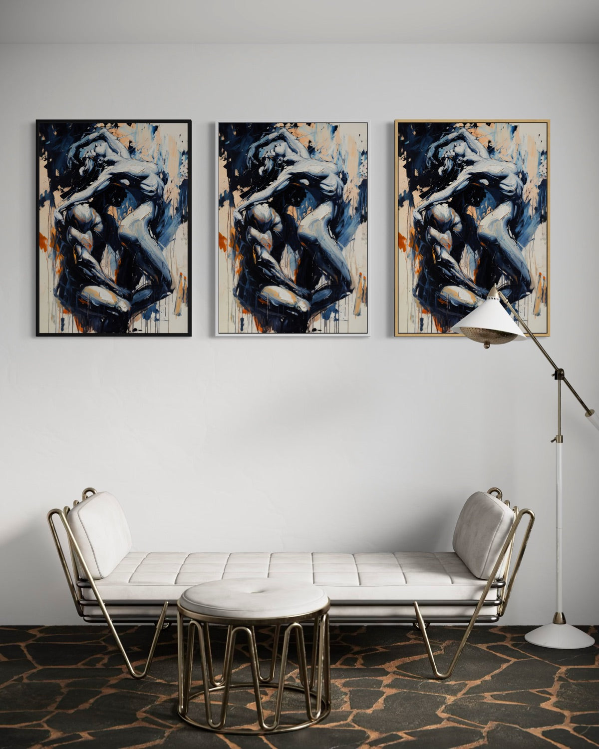 Set di 3 stampe incorniciate con figura nero-blu; cornici nera e oro