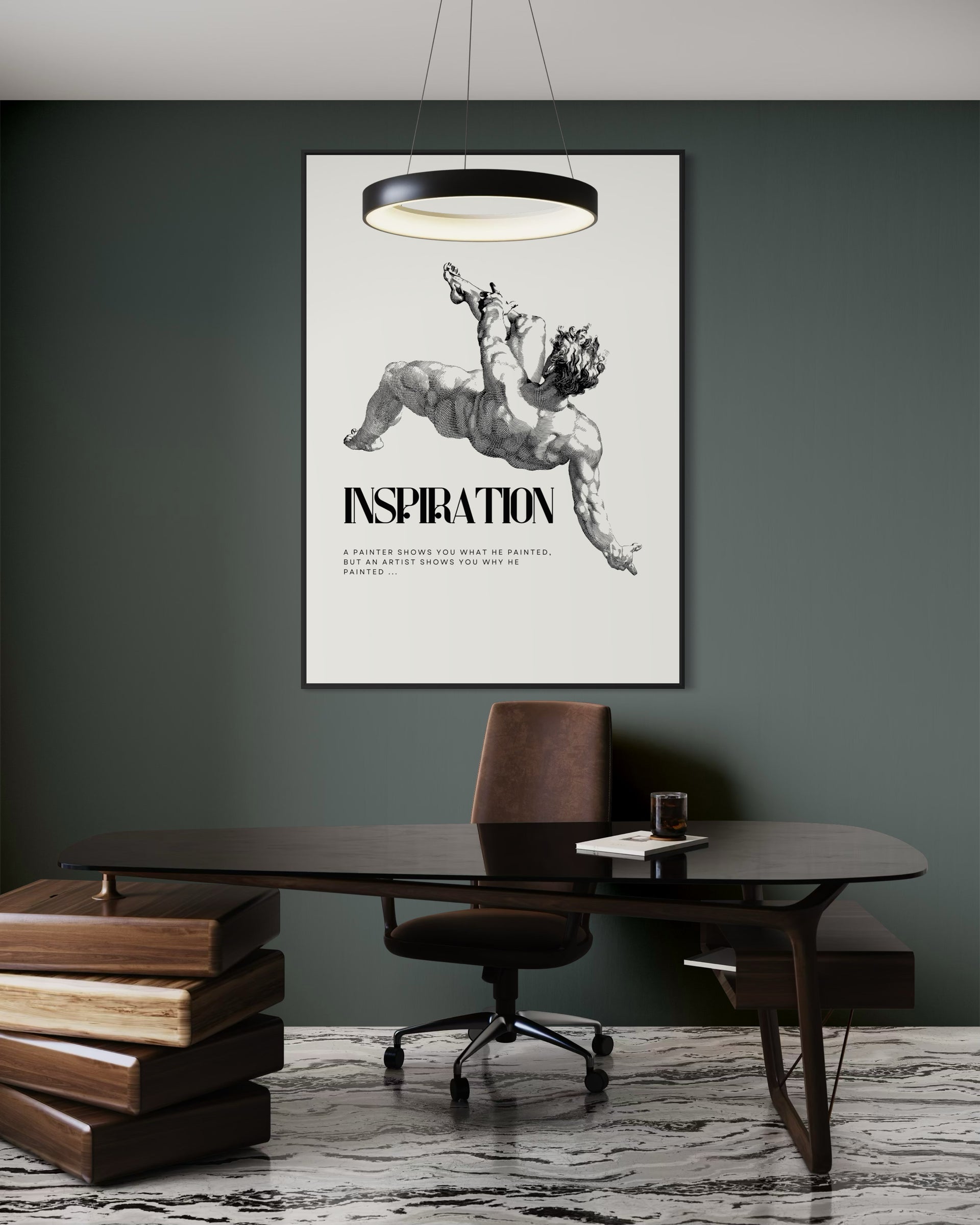 Ispirazione: stampa incorniciata con figura astratta e scritta “INSPIRATION”