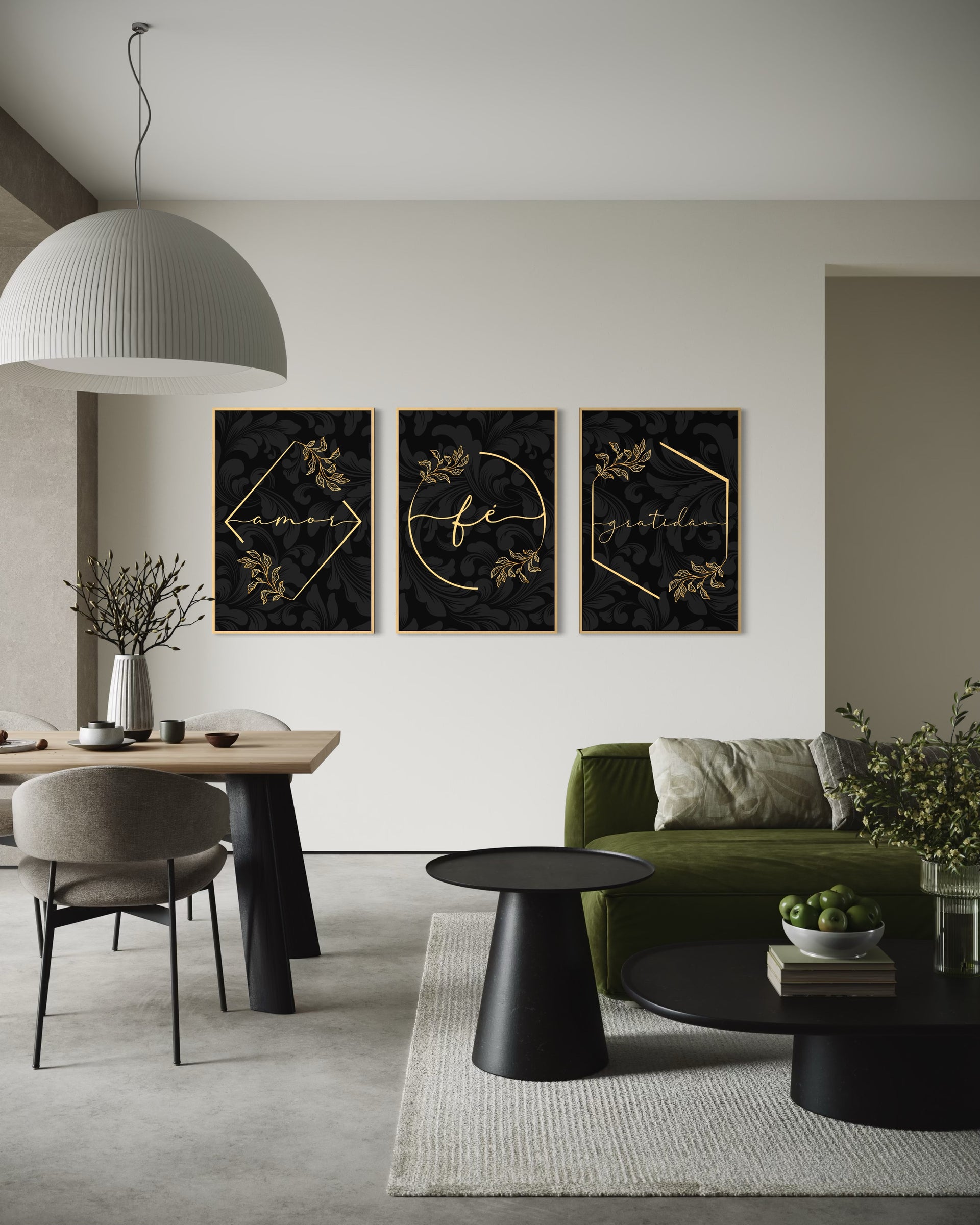 Set di 3 quadri incorniciati con scritte dorate su sfondo scuro, dettagli floreali