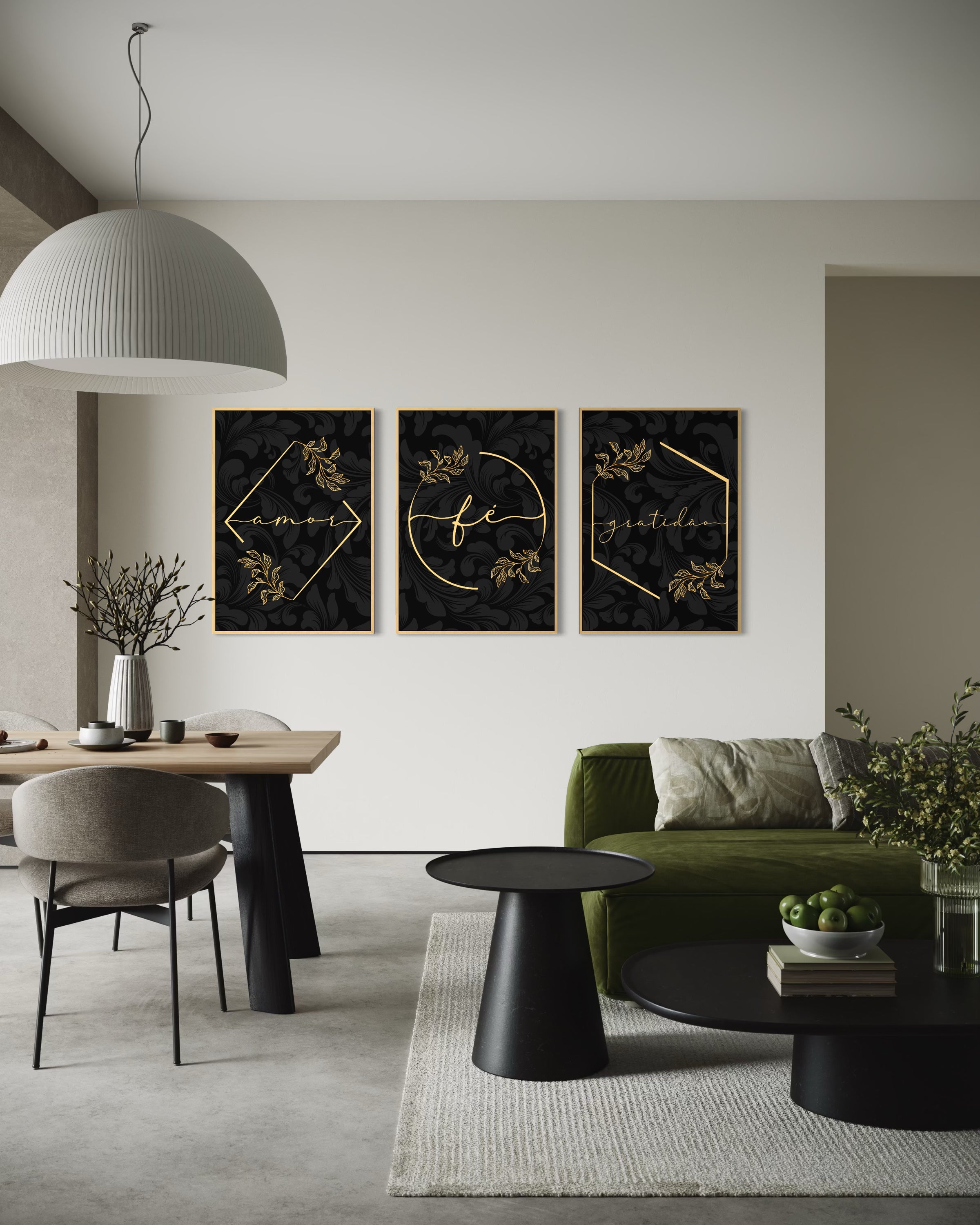 Amor elegante: trittico Amor, Fé, Gratidão con motivo ramificata oro su nero