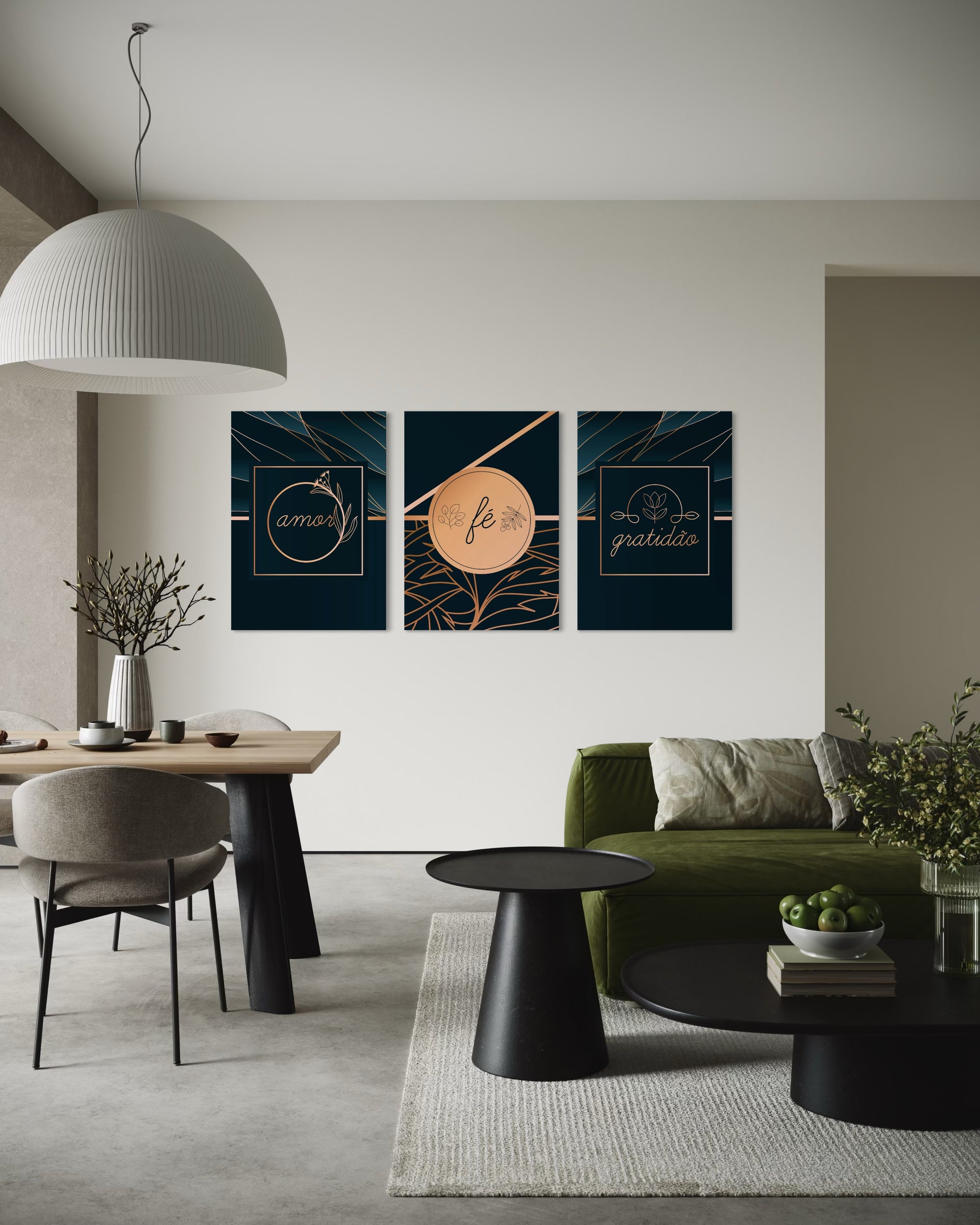 Amor elegante: trittico Amor, Fé, Gratidão con dettagli oro e sfondo blu