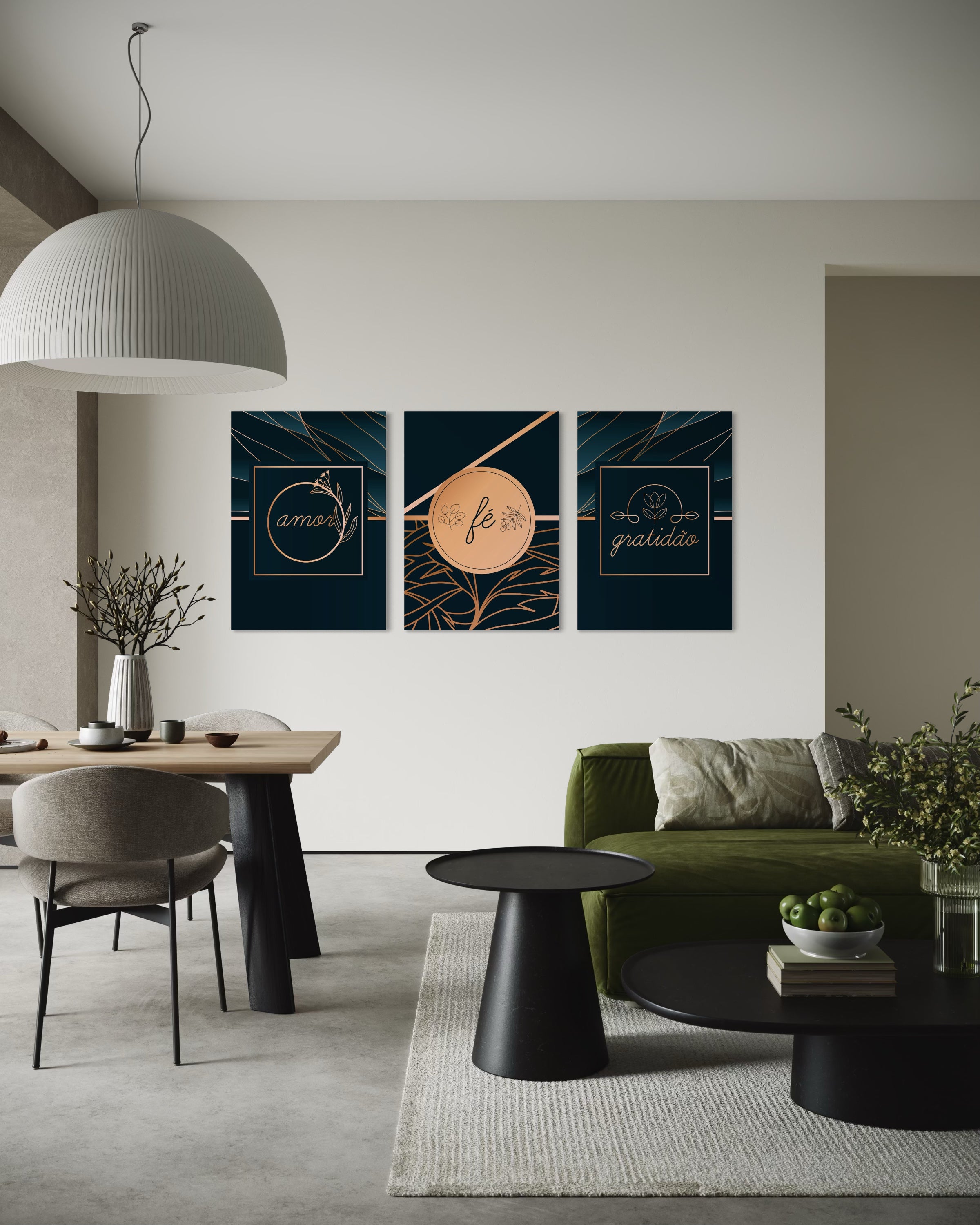 Amor elegante: trittico Amor, Fé, Gratidão con dettagli oro e sfondo blu