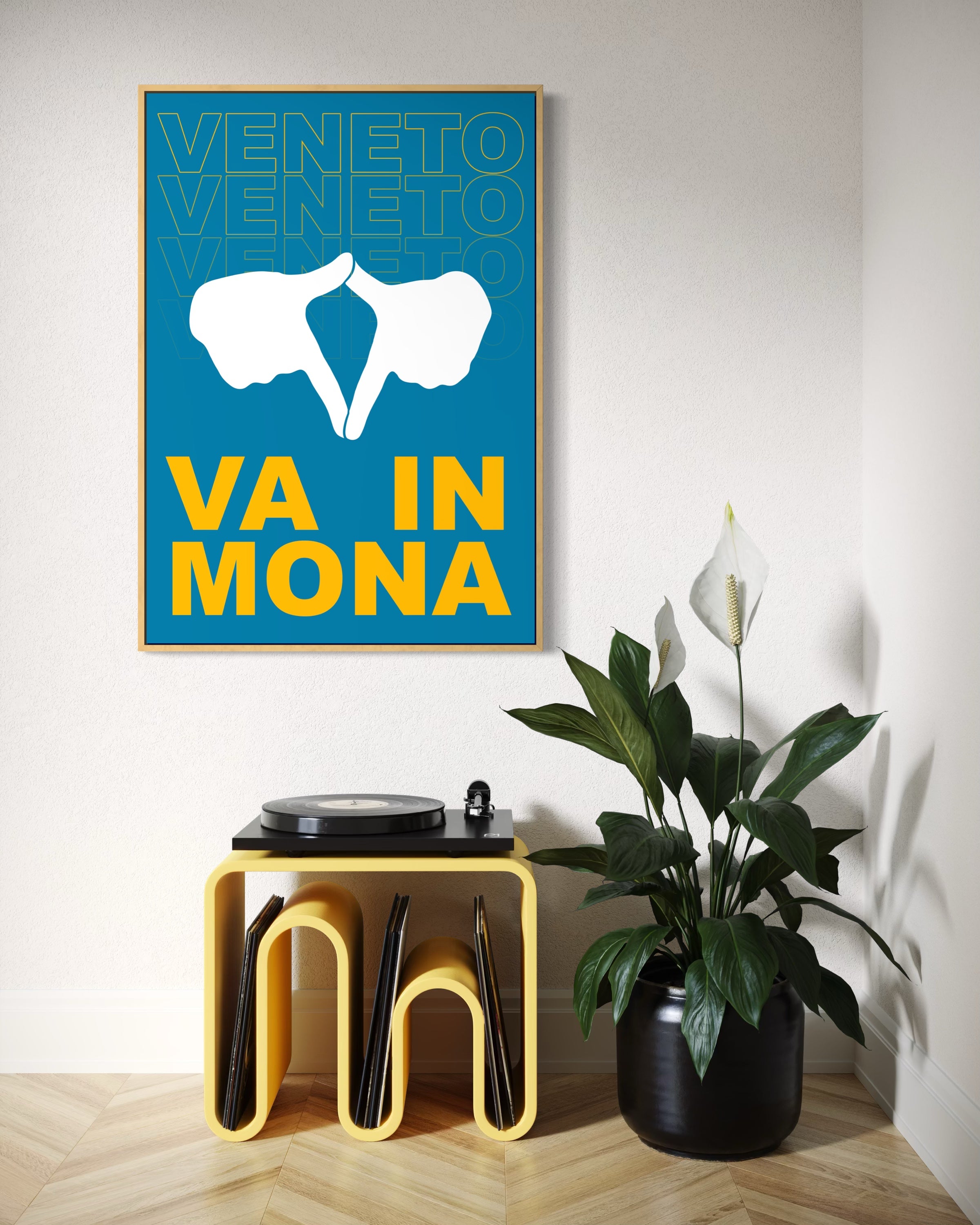 Stampa Veneto con cornice oro e scritta “VA IN MONA” su sfondo blu