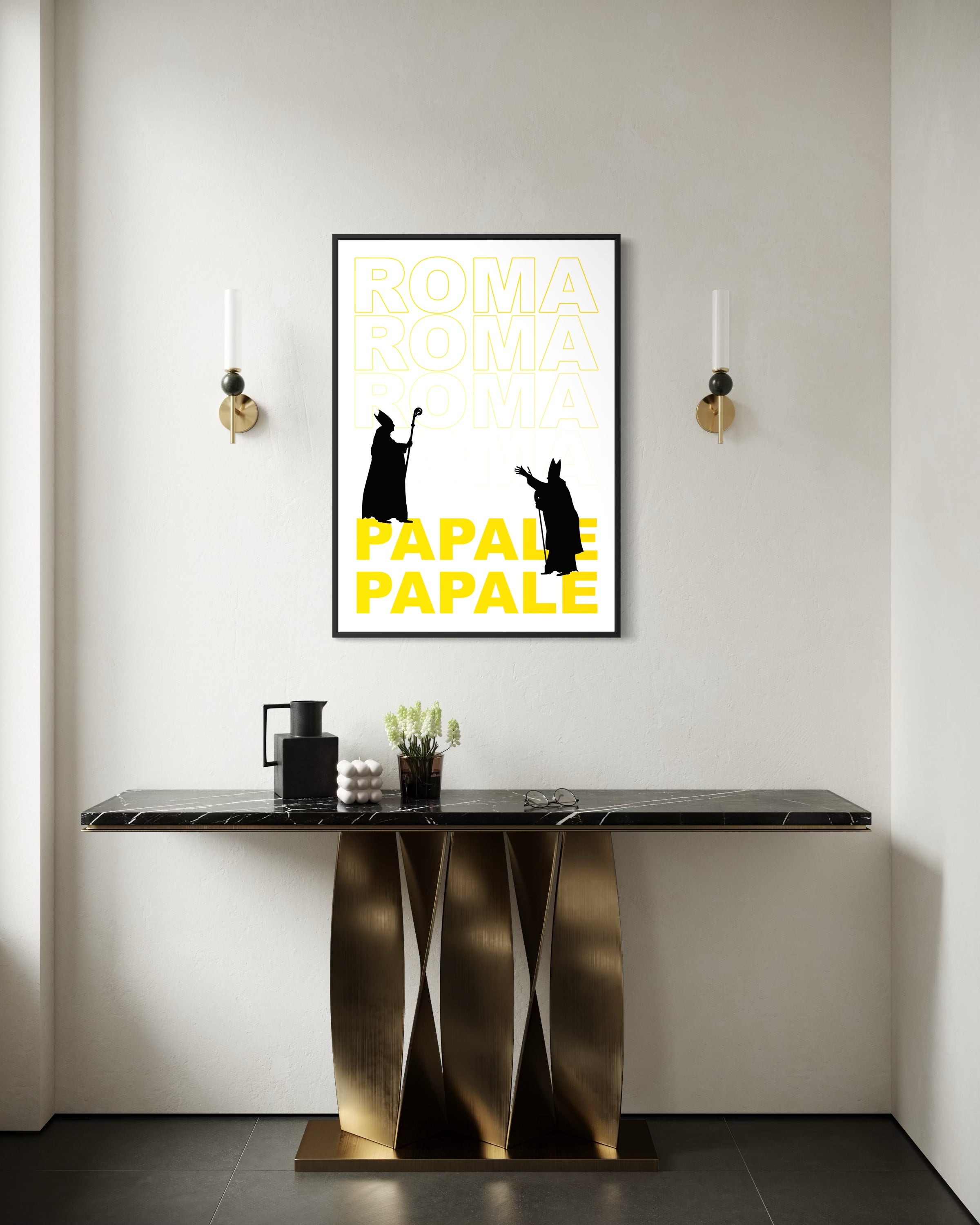 Stampa Roma style con cornice nera, silhouette nere e scritta gialla
