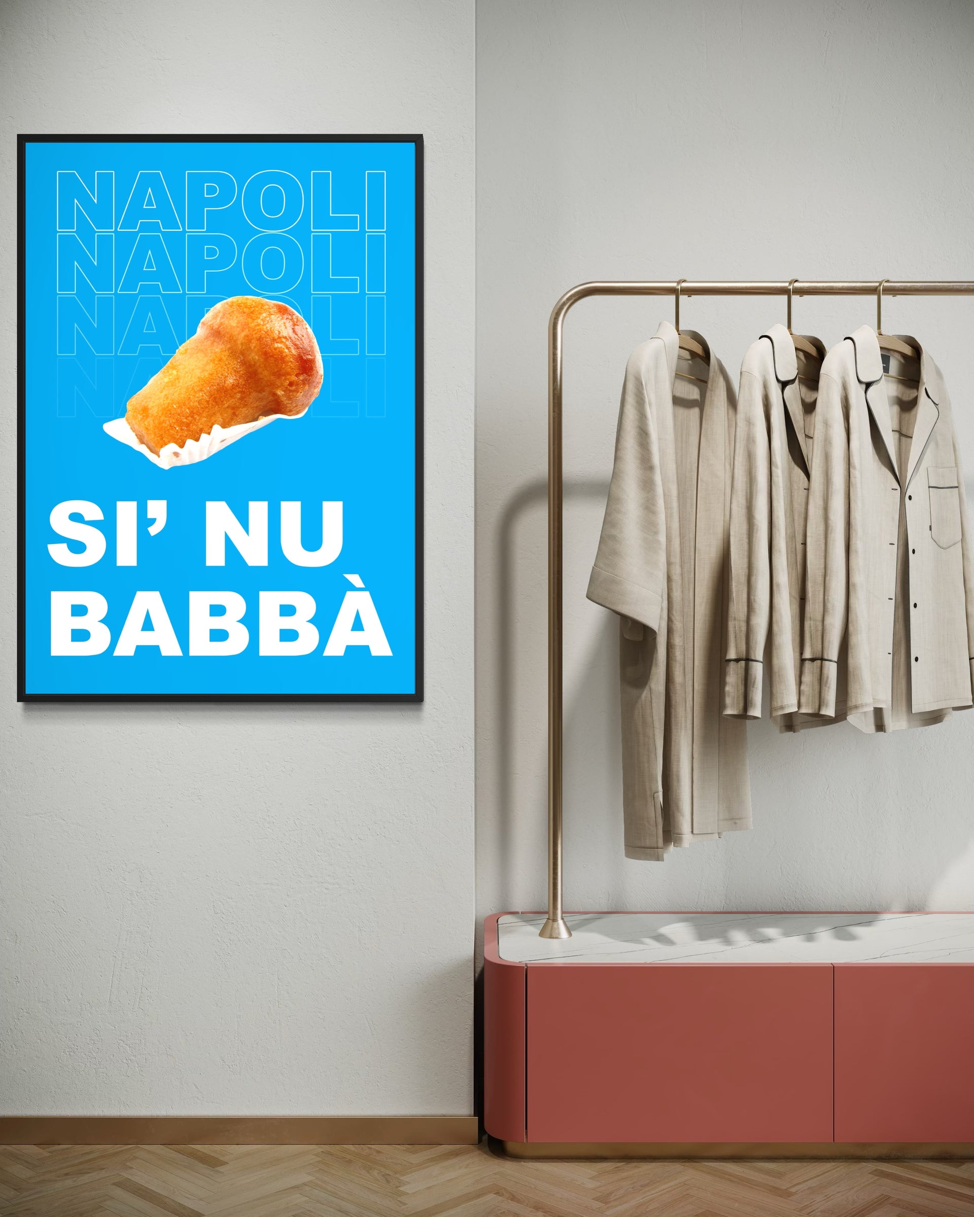 Babà style: stampa con cornice scura, testo “NAPOLI” e “SI' NU BABBA” su blu