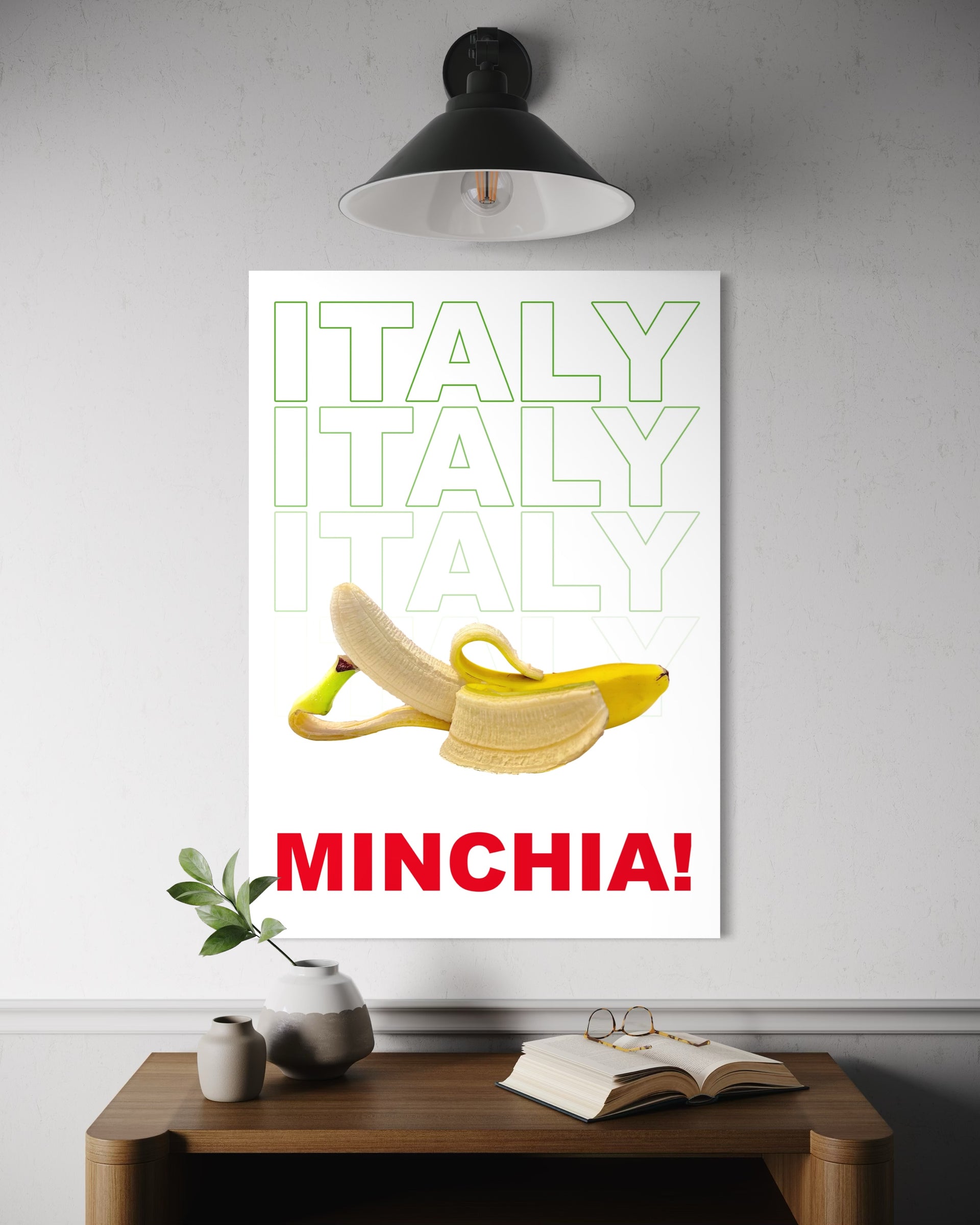 Stampa Italy style con scritta ITALY e MINCHIA! su tema banane e grafica verde