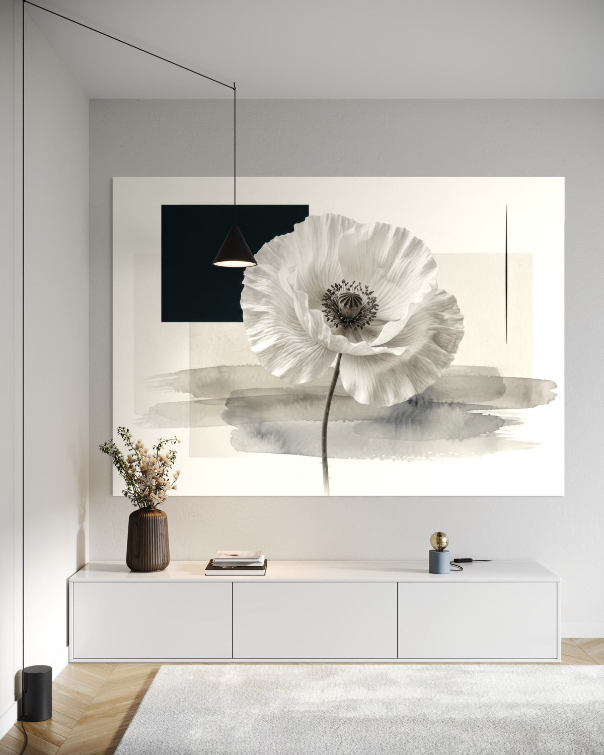Stampa incorniciata con fiore di anemone bianco e sfondo astratto