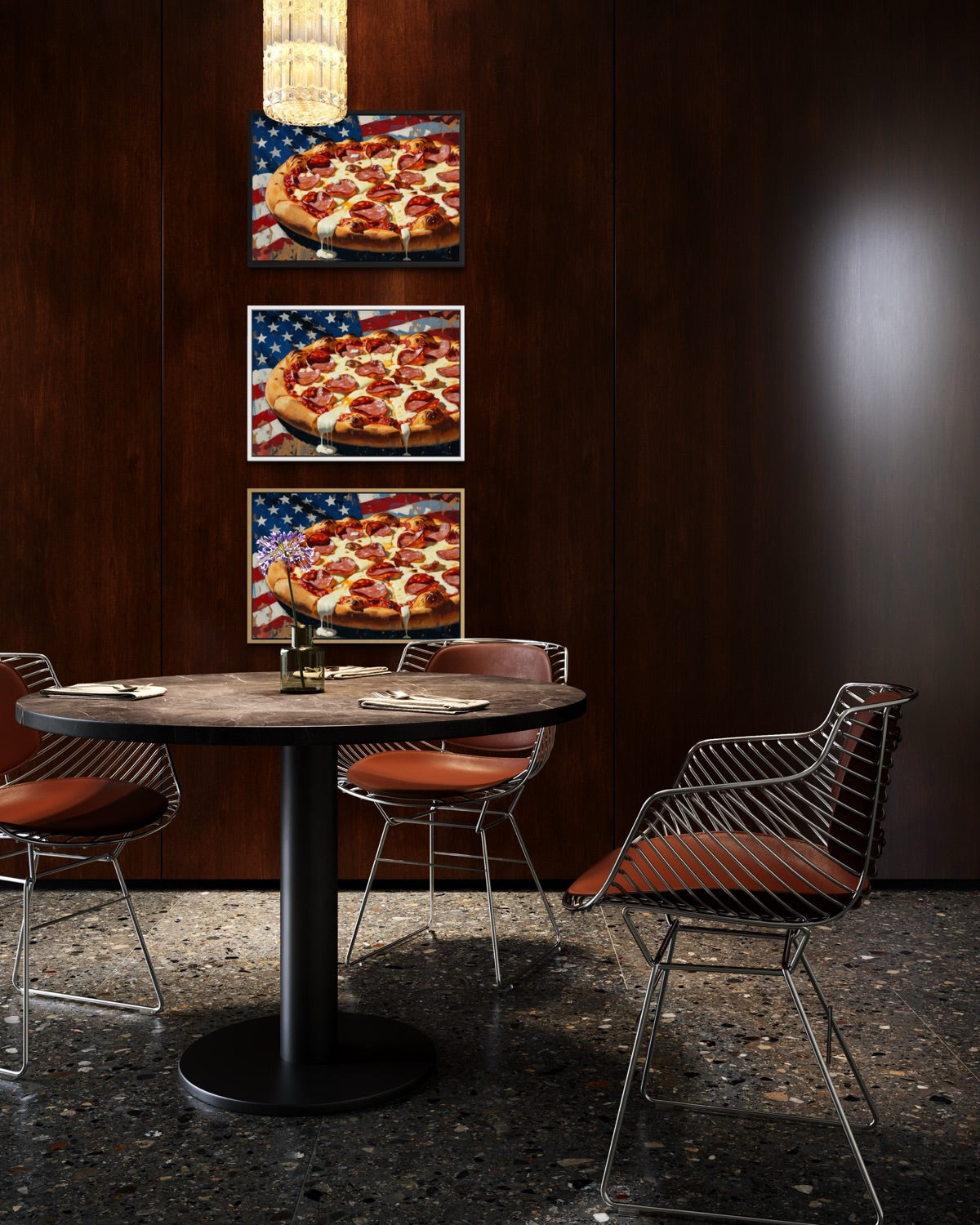 Stampa su tela con pizza in tre pannelli, cornice quadrata, stile americano
