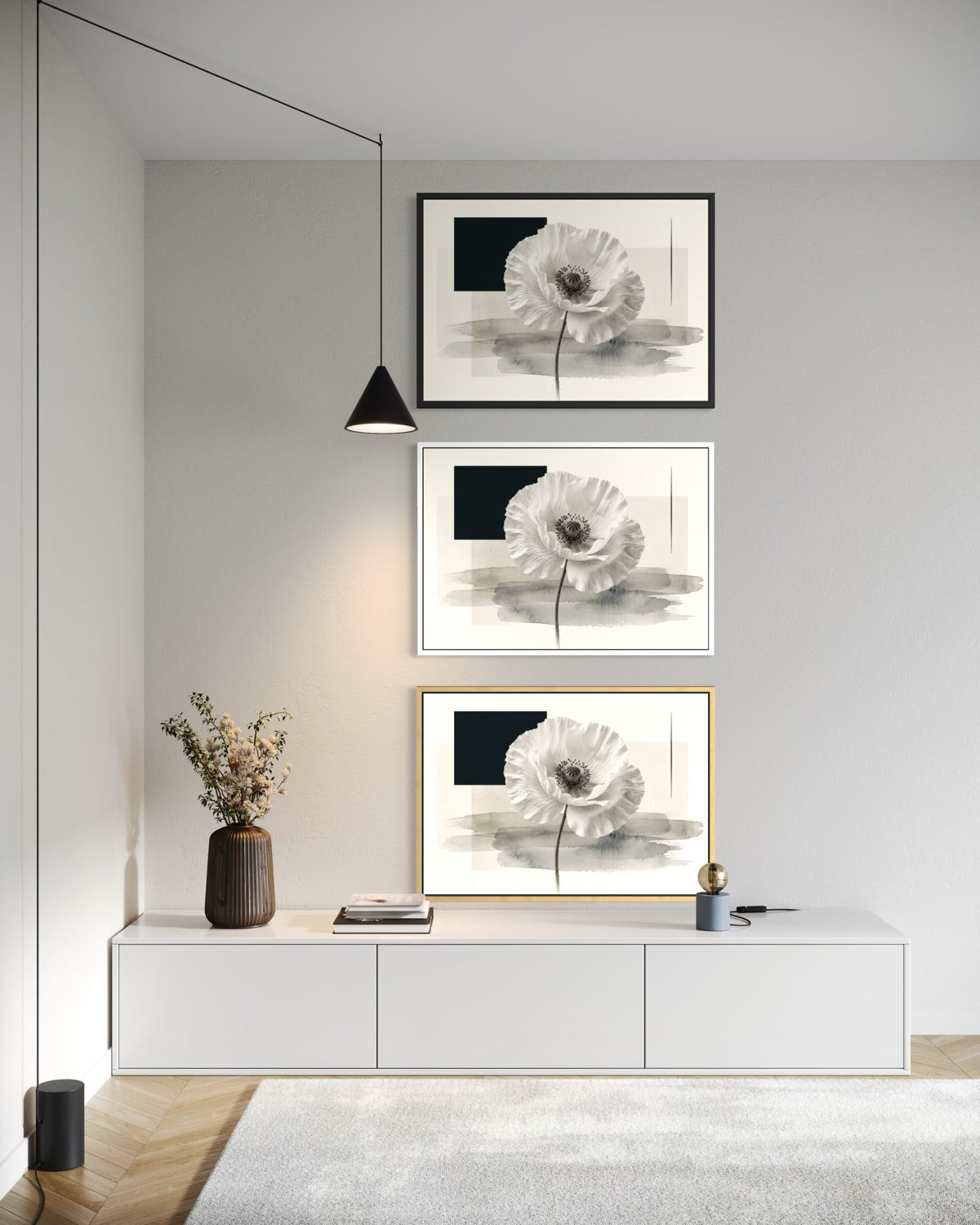 Set di 3 stampe incorniciate con fiore di anemone bianco su sfondo astratto
