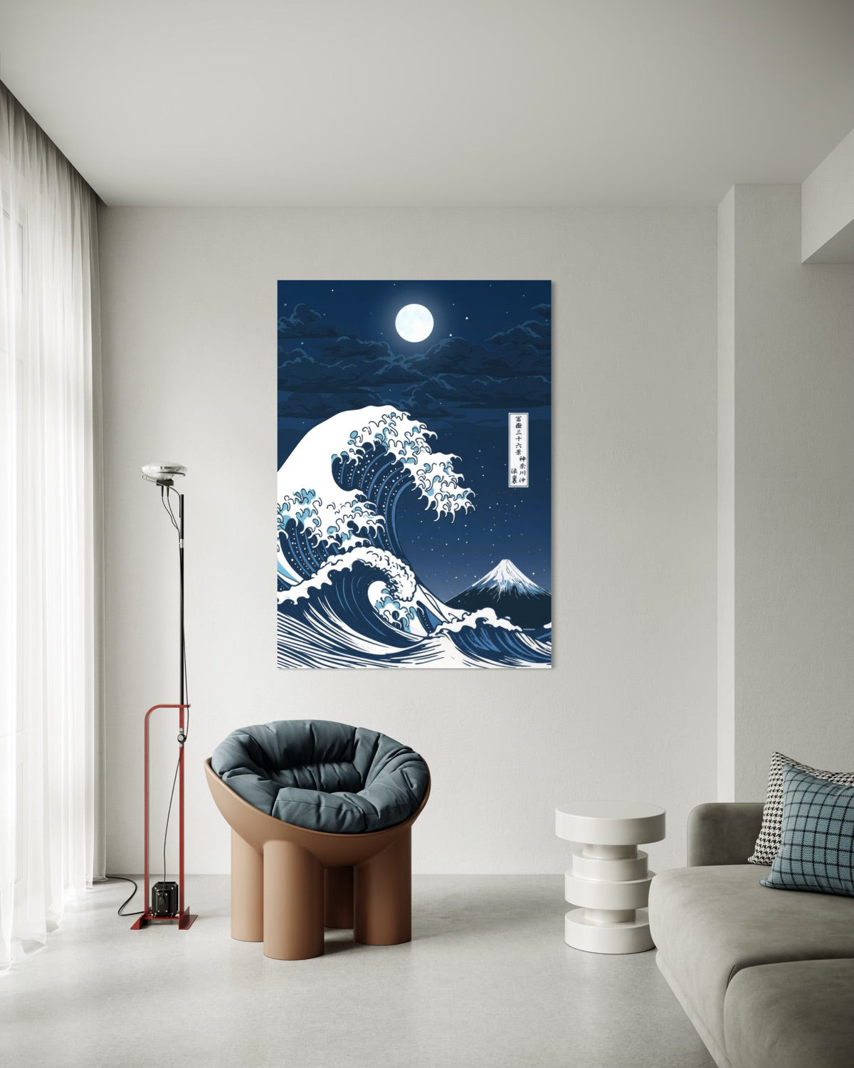 Stampa incorniciata con onda blu e luna su sfondo scuro, formato verticale