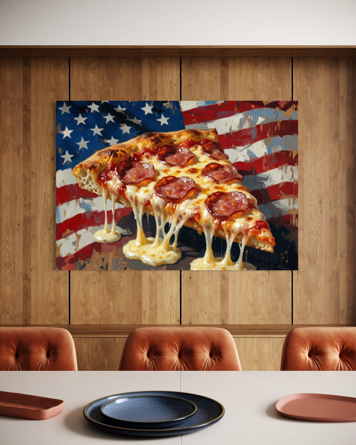 Stampa con trancio di pizza su bandiera americana, in cornice nera